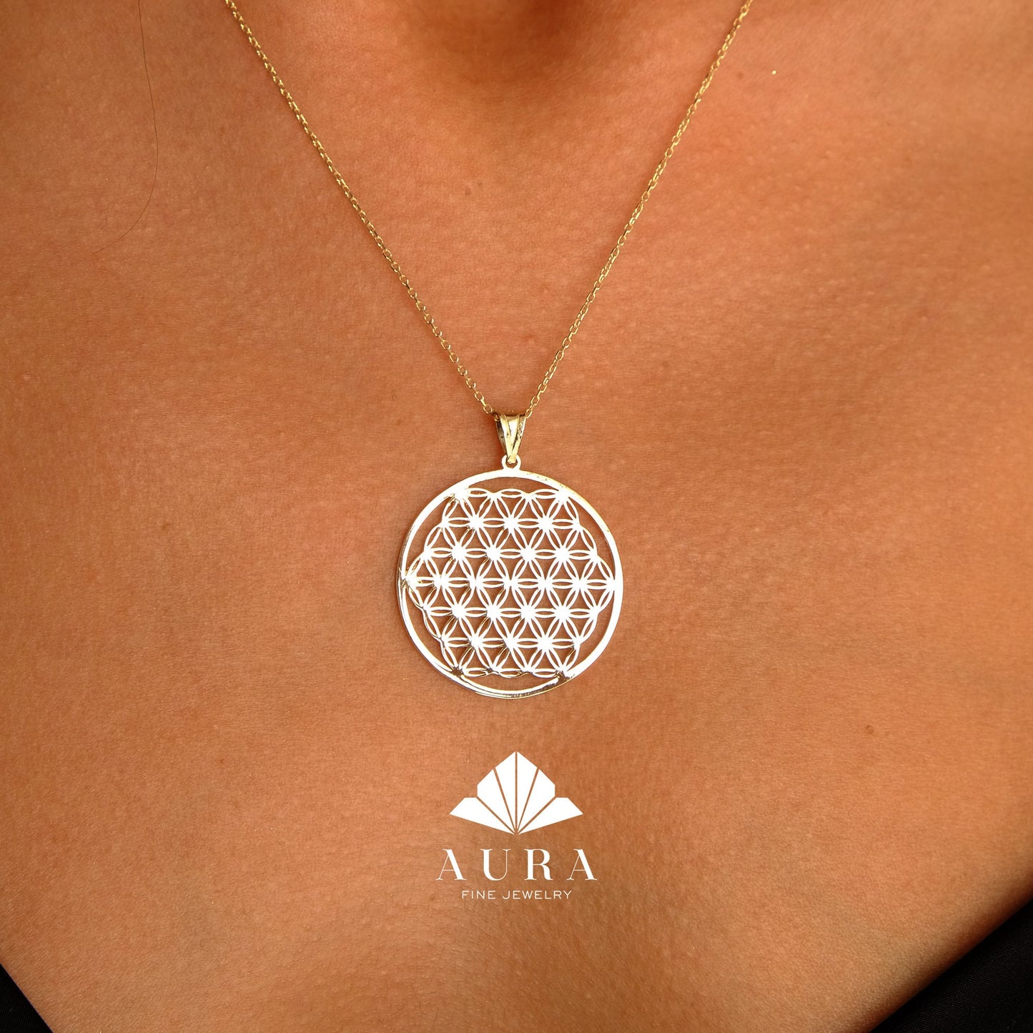 14K Gold Flower of Life Necklace, Handmade Jewelry, Seed of Life Medallion, Sacred Geometry Pendant, Spiritual Necklace, Anniversary Gift
