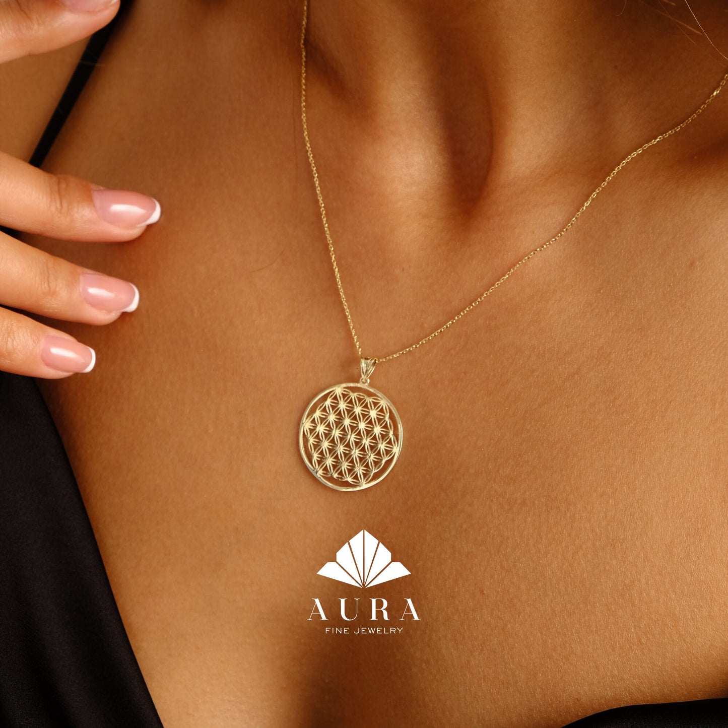 14K Gold Flower of Life Necklace, Handmade Jewelry, Seed of Life Medallion, Sacred Geometry Pendant, Spiritual Necklace, Anniversary Gift