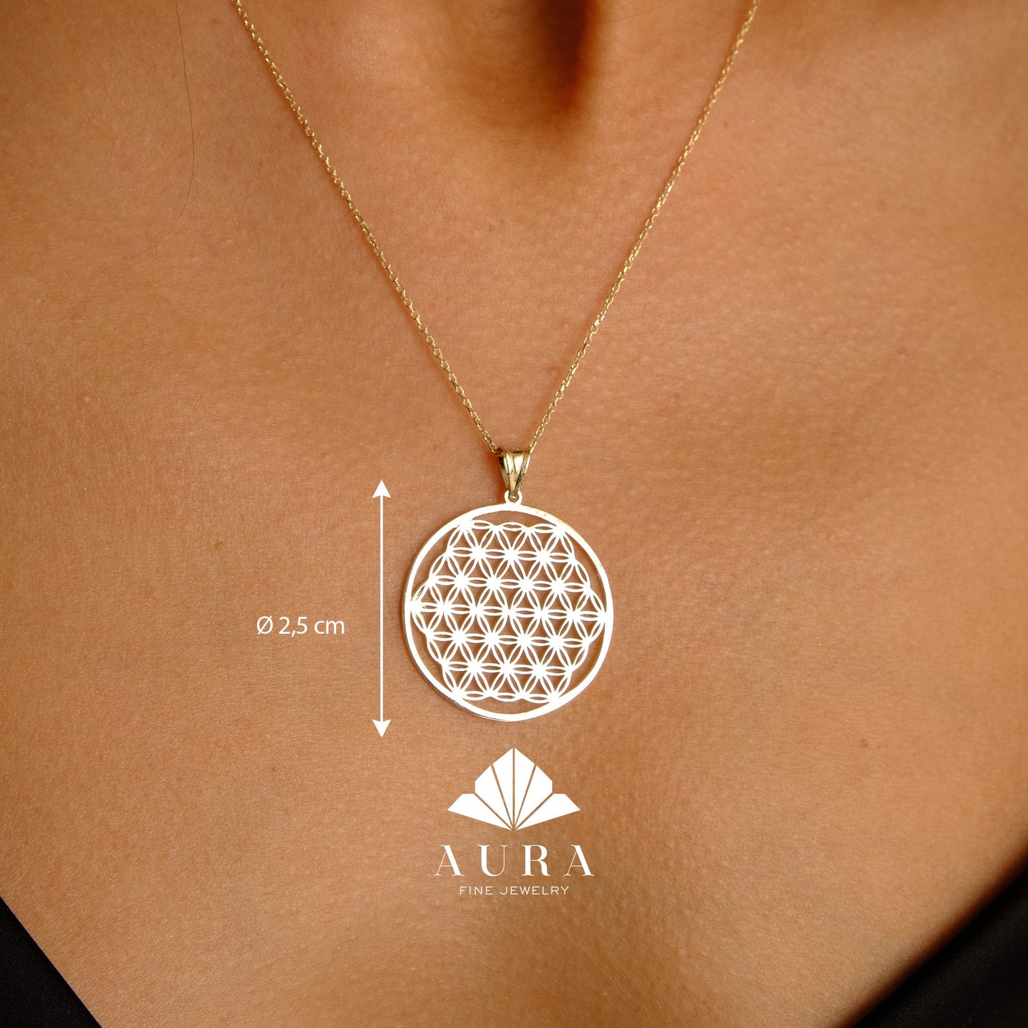 14K Gold Flower of Life Necklace, Handmade Jewelry, Seed of Life Medallion, Sacred Geometry Pendant, Spiritual Necklace, Anniversary Gift