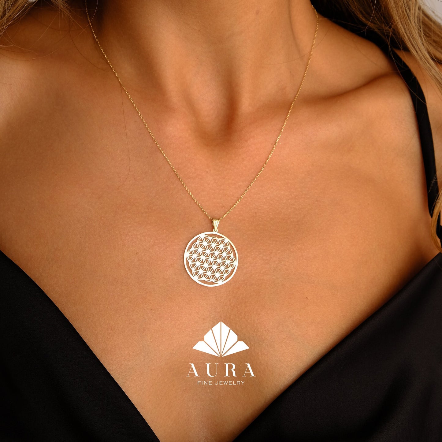 14K Gold Flower of Life Necklace, Handmade Jewelry, Seed of Life Medallion, Sacred Geometry Pendant, Spiritual Necklace, Anniversary Gift