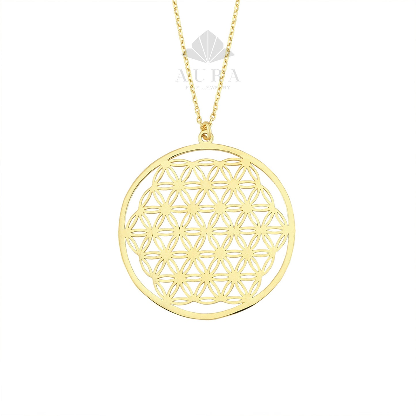 14K Gold Flower of Life Necklace, Handmade Jewelry, Seed of Life Medallion, Sacred Geometry Pendant, Spiritual Necklace, Anniversary Gift