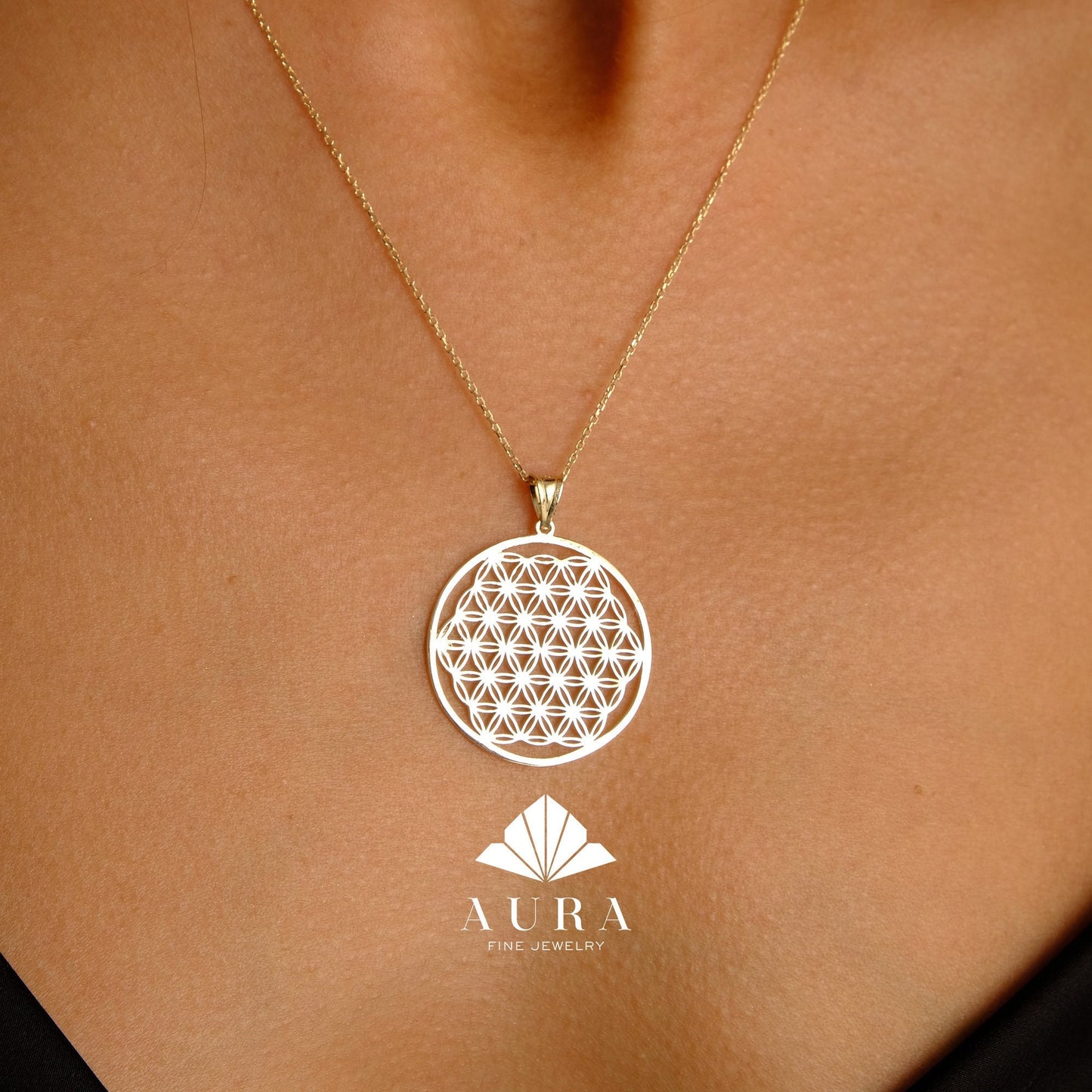 14K Gold Flower of Life Necklace, Handmade Jewelry, Seed of Life Medallion, Sacred Geometry Pendant, Spiritual Necklace, Anniversary Gift