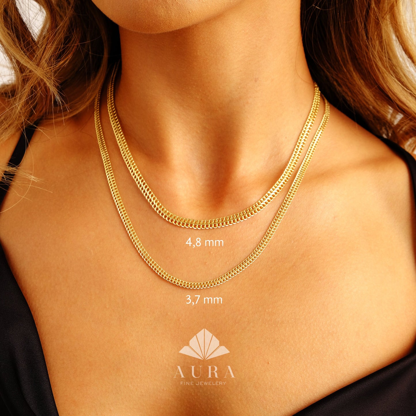 14K Gold Vienna Necklace, 4.8mm 3.7 mm Double Curb Chain Necklace, Armoured Chain Choker, Handmade Jewelry, Layering Gold Necklace