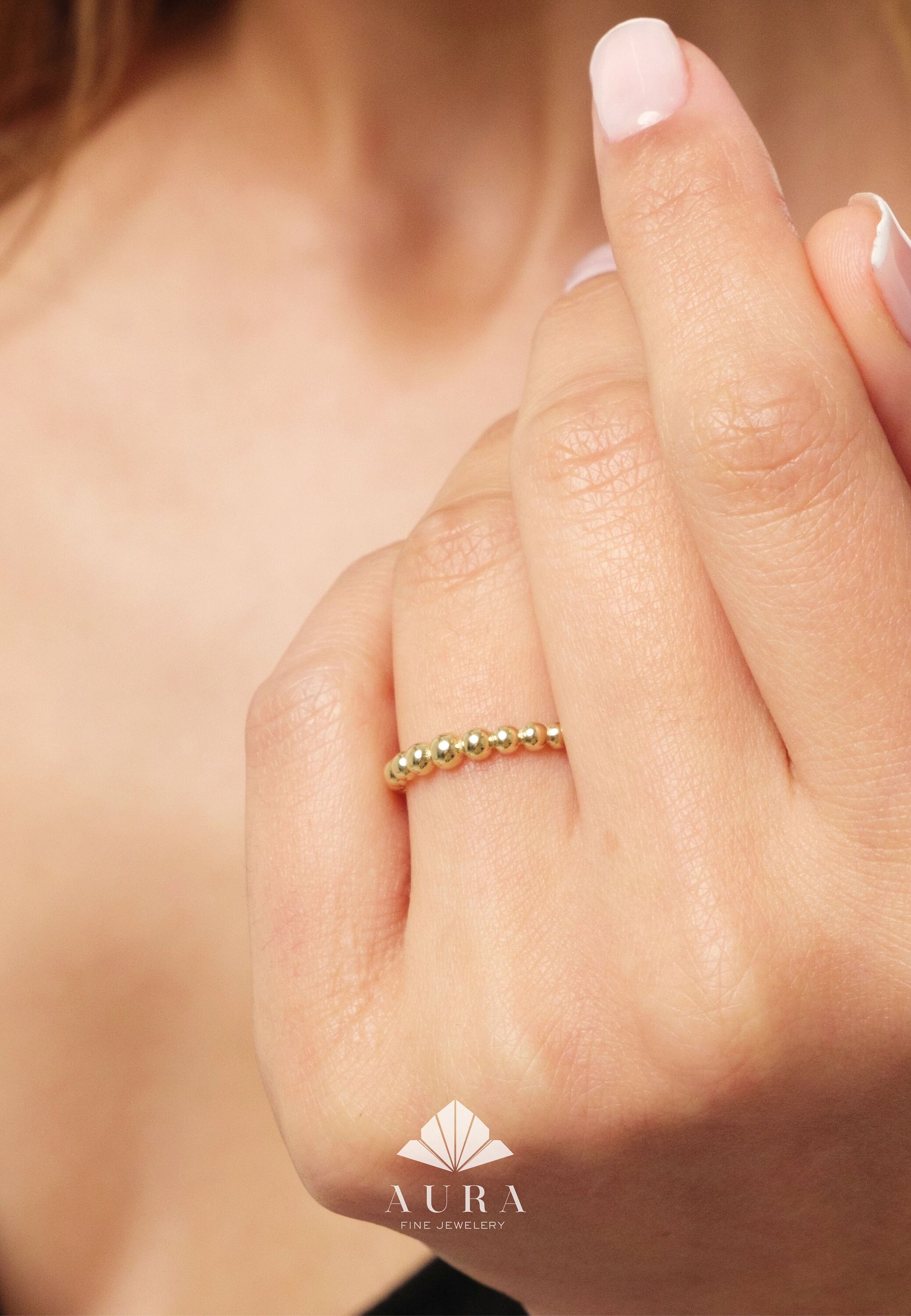 14K Gold Bead Ring, Dainty Dot Stacking Ring, Bold Gold Band, Minimalist Beaded Ring, Wedding Band, Everyday Stackable Ring, Gift for Her