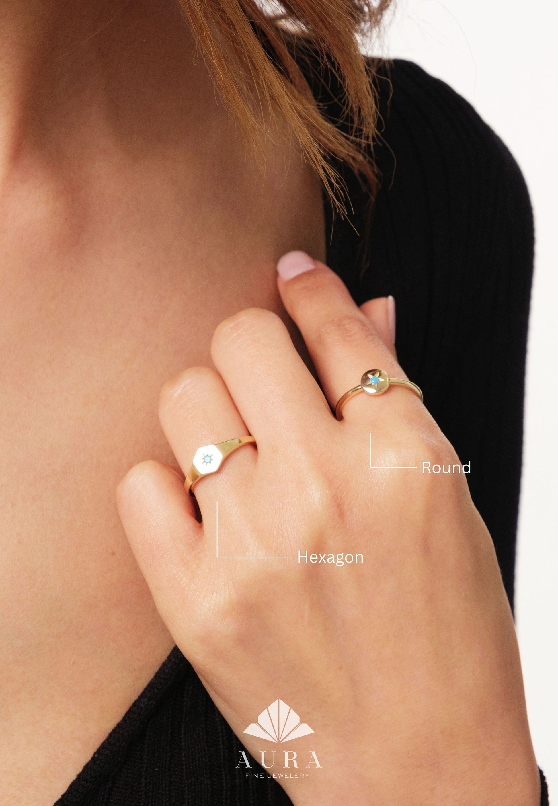 14K Gold Turquoise North Star Ring, Polar Star Ring, Starburst Band Ring, Hexagon Round Luck Star Rings, Celestial Pinky Knuckle Ring
