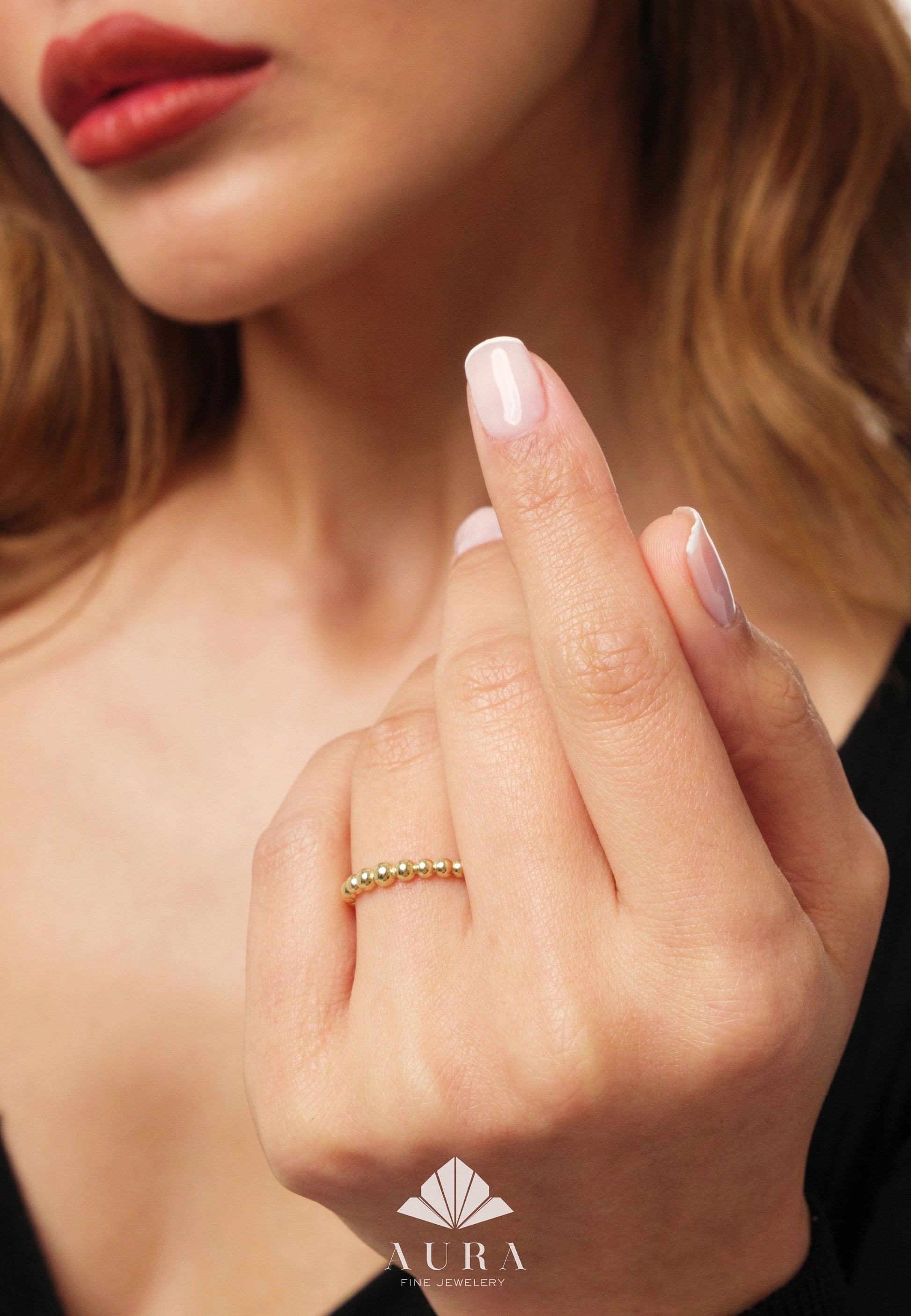 14K Gold Bead Ring, Dainty Dot Stacking Ring, Bold Gold Band, Minimalist Beaded Ring, Wedding Band, Everyday Stackable Ring, Gift for Her