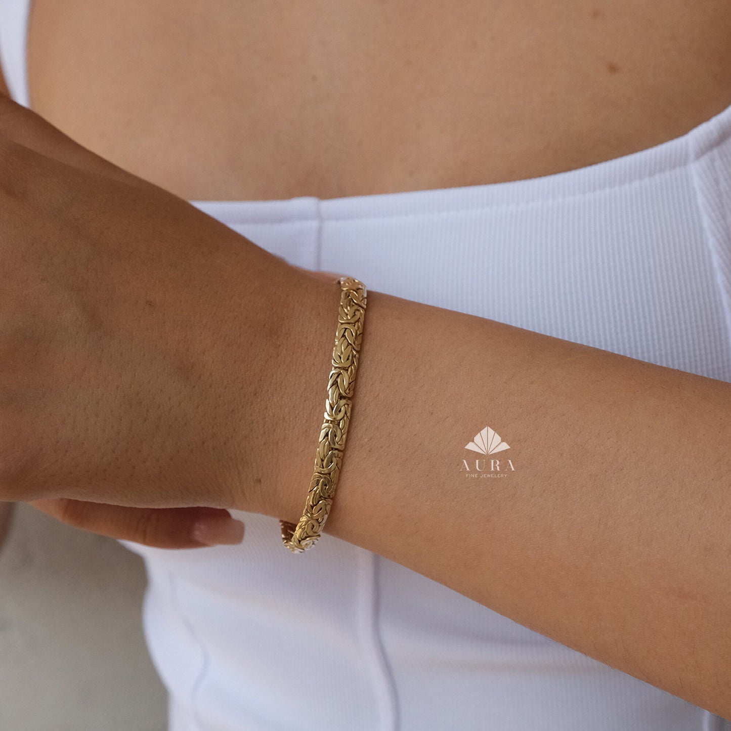 14K Gold Byzantine Bracelet, 5mm Flat Cut Chain, Chunky King Chain, Bali Chain Link Bracelet, Unisex Gold Jewelry, Gift for Her