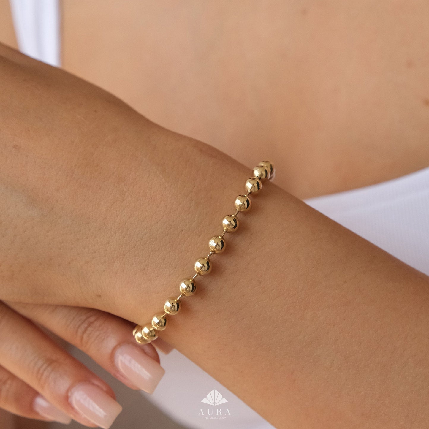 14K Gold Bead Ball Bracelet, 3.5mm Italian Gold Chain, Shiny Round Beaded Bracelet, Dainty Stacking Jewelry, Minimalist Chain Bracelet