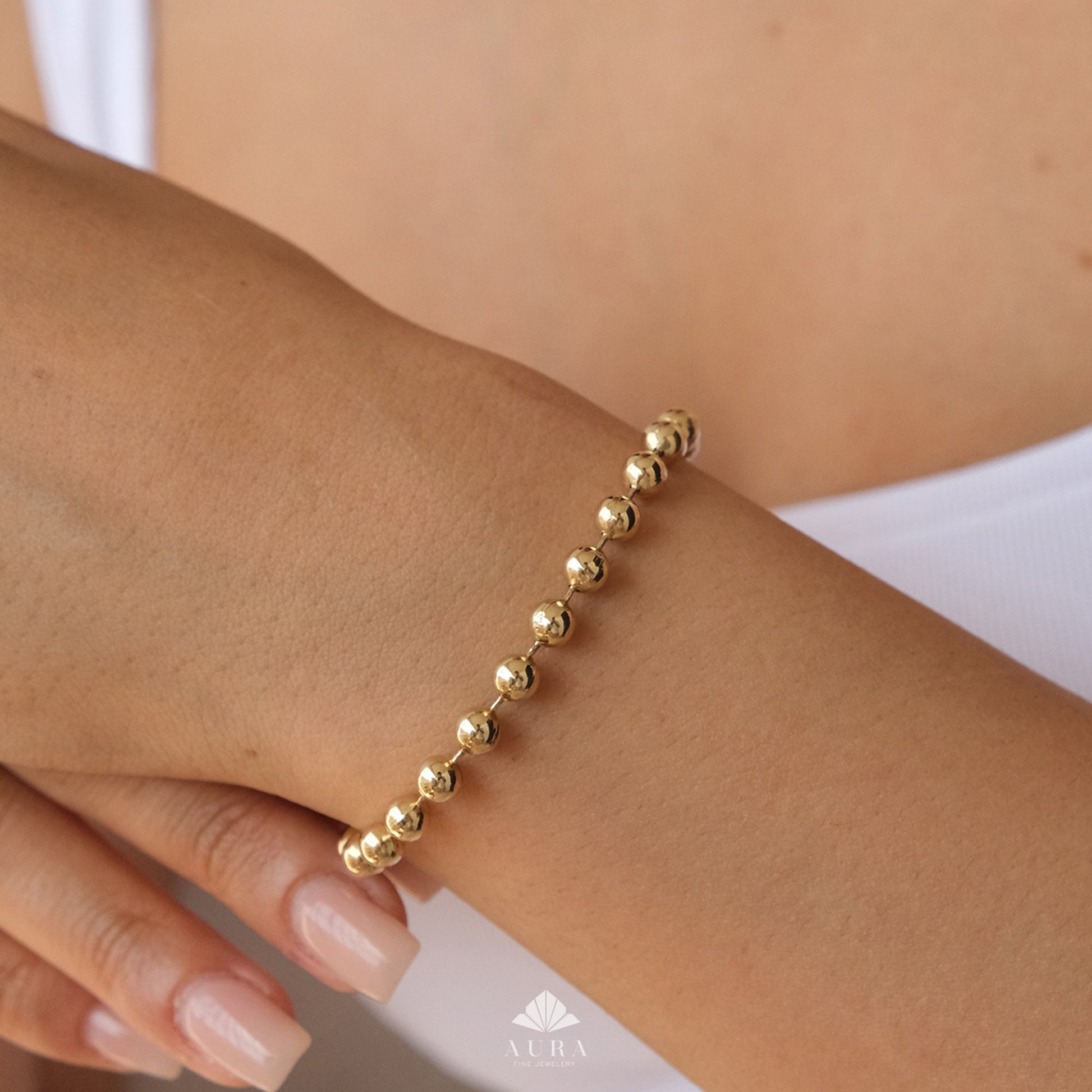 14K Gold Bead Ball Bracelet, 3.5mm Italian Gold Chain, Shiny Round Beaded Bracelet, Dainty Stacking Jewelry, Minimalist Chain Bracelet