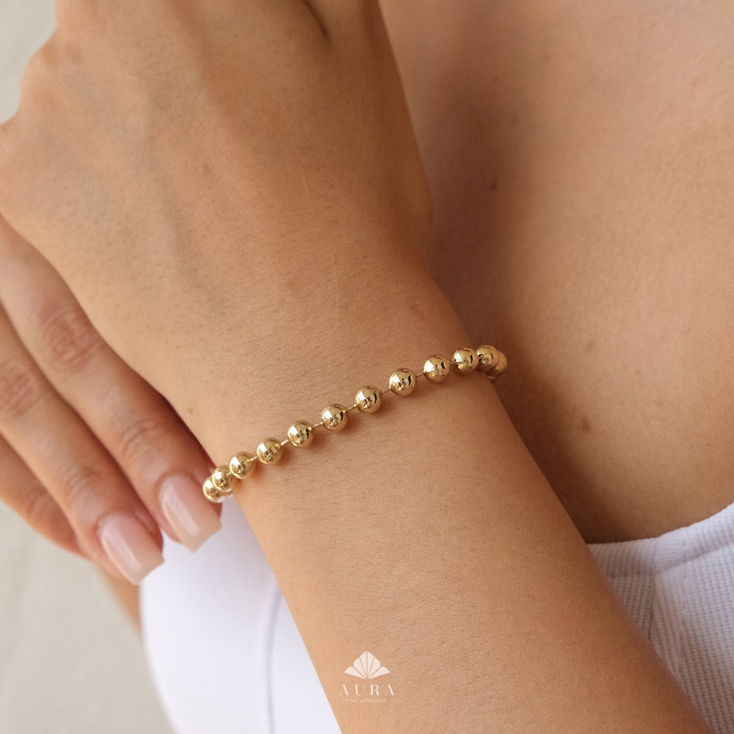 14K Gold Bead Ball Bracelet, 3.5mm Italian Gold Chain, Shiny Round Beaded Bracelet, Dainty Stacking Jewelry, Minimalist Chain Bracelet