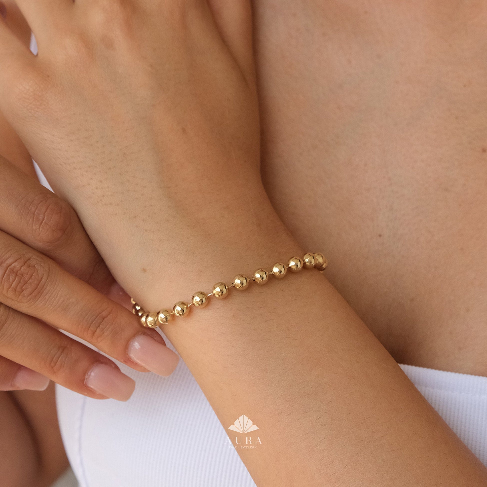 14K Gold Bead Ball Bracelet, 3.5mm Italian Gold Chain, Shiny Round Beaded Bracelet, Dainty Stacking Jewelry, Minimalist Chain Bracelet