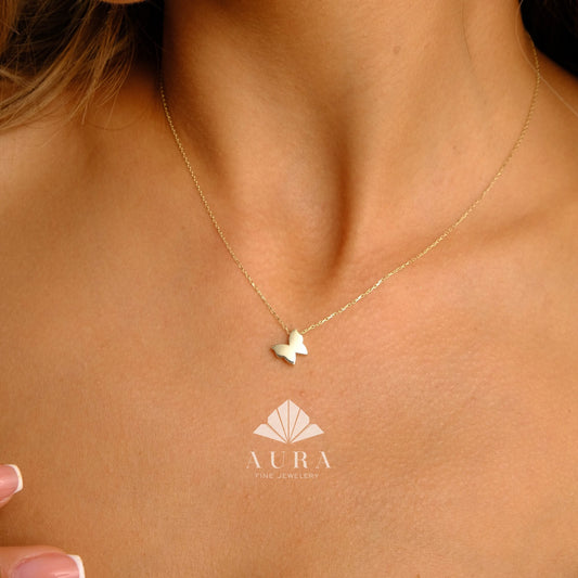 14K Gold Butterfly Necklace, Dainty Butterfly Pendant, Minimalist Gold Jewelry, Gold Butterfly Wings Charm, Delicate Layering Necklace