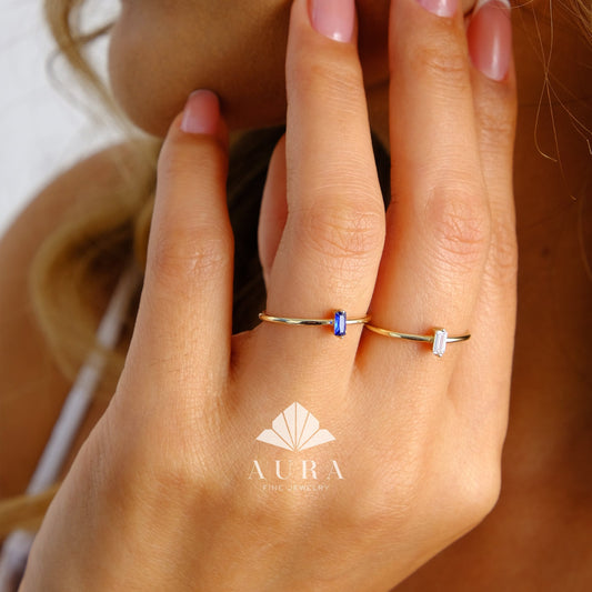14K Gold Baguette Birthstone Ring, Custom Gemstone Band, Personalized Stacking Ring, Minimalist Gold Ring, Dainty Solitaire Jewelry