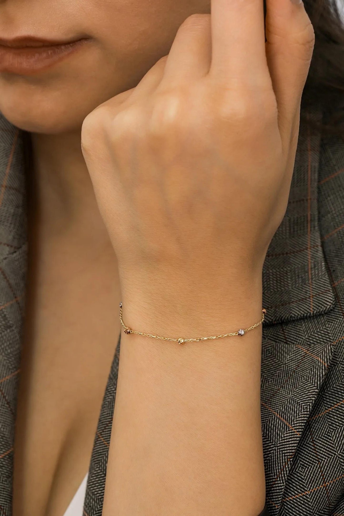 14K Gold Satellite Bracelet, 2mm Beaded Chain Bracelet, Dainty Tricolor Bracelet for Women, Minimalist Solid Gold, Gift for Her