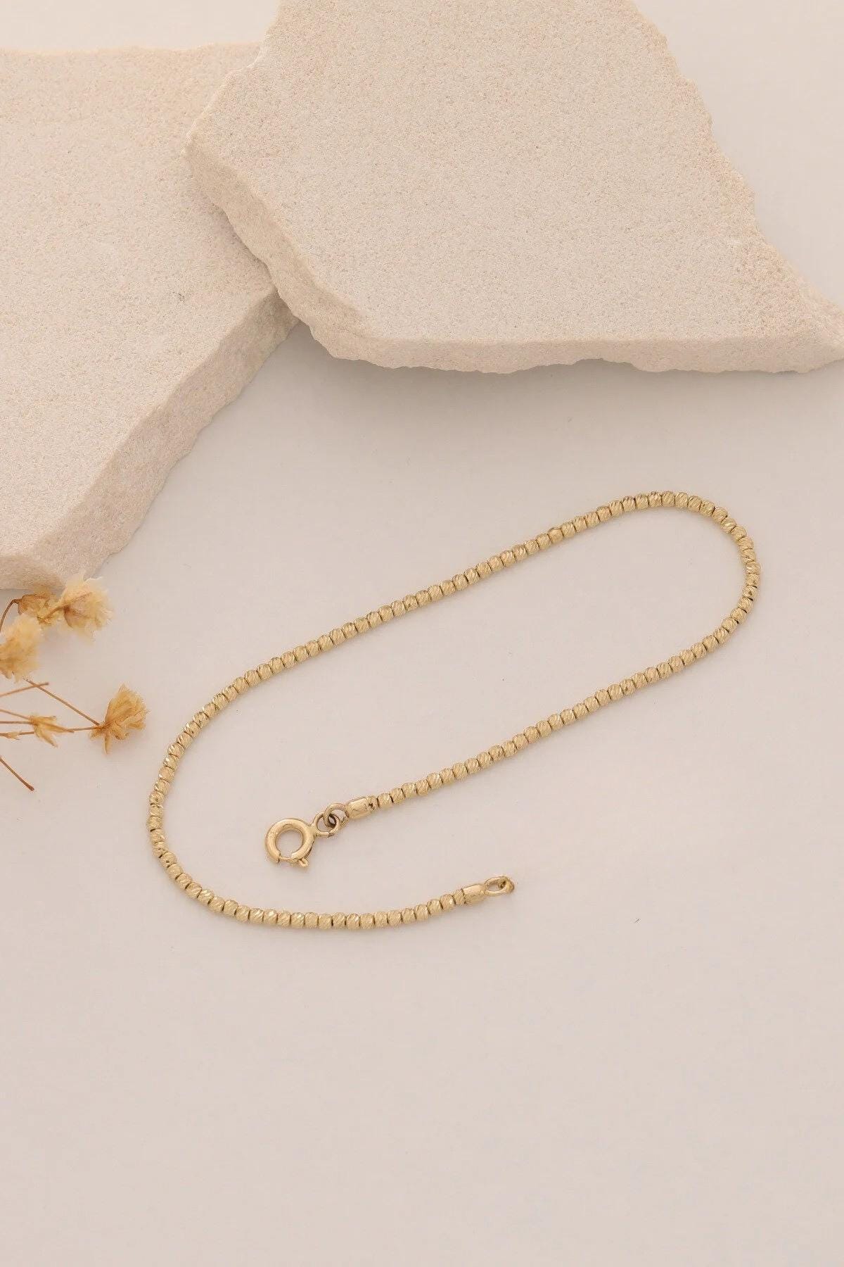 14K Gold Bead Ball Bracelet, 2mm Italian Gold Ball Chain Bracelet, Dainty Stacking Bracelet, Minimalist Everyday Jewelry, Gift for Her