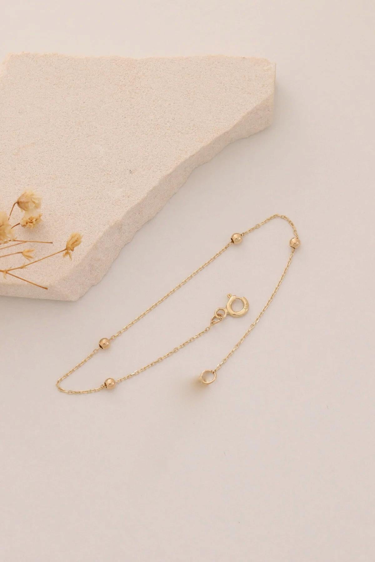 14K Gold Satellite Bracelet, 2mm Beaded Chain Bracelet, Dainty Bracelet for Women, Minimalist Solid Gold, Gift for Her