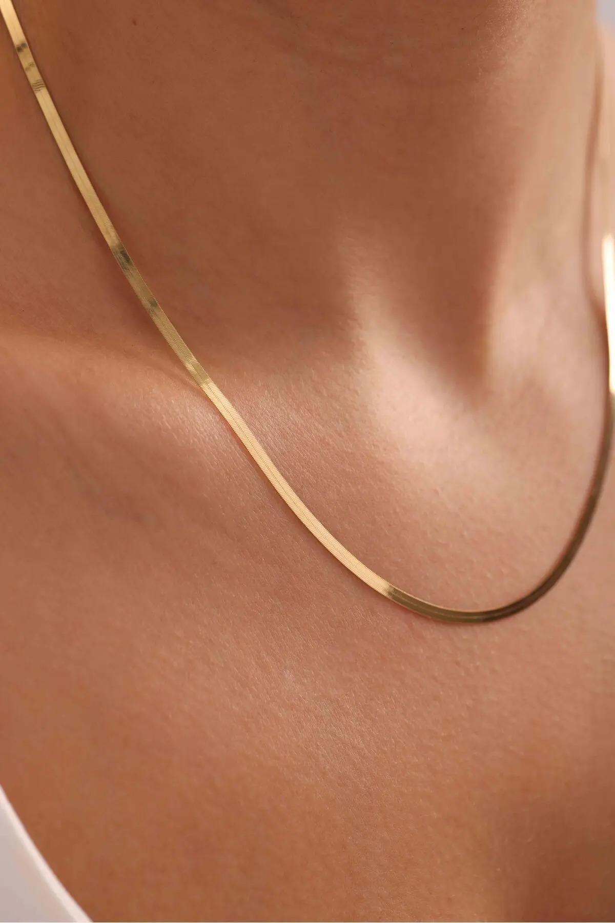 14K Gold 3.5mm Herringbone Necklace, Gold Herringbone Chain, Dainty Flat Snake Chain, Minimalist Everyday Necklace