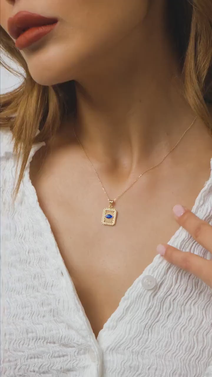 14K Gold Evil Eye Necklace, Medallion Third Eye Pendant, Protection Charm, Gold Hamsa Pendant Women, Square Minimalist Evil Eye Pendant