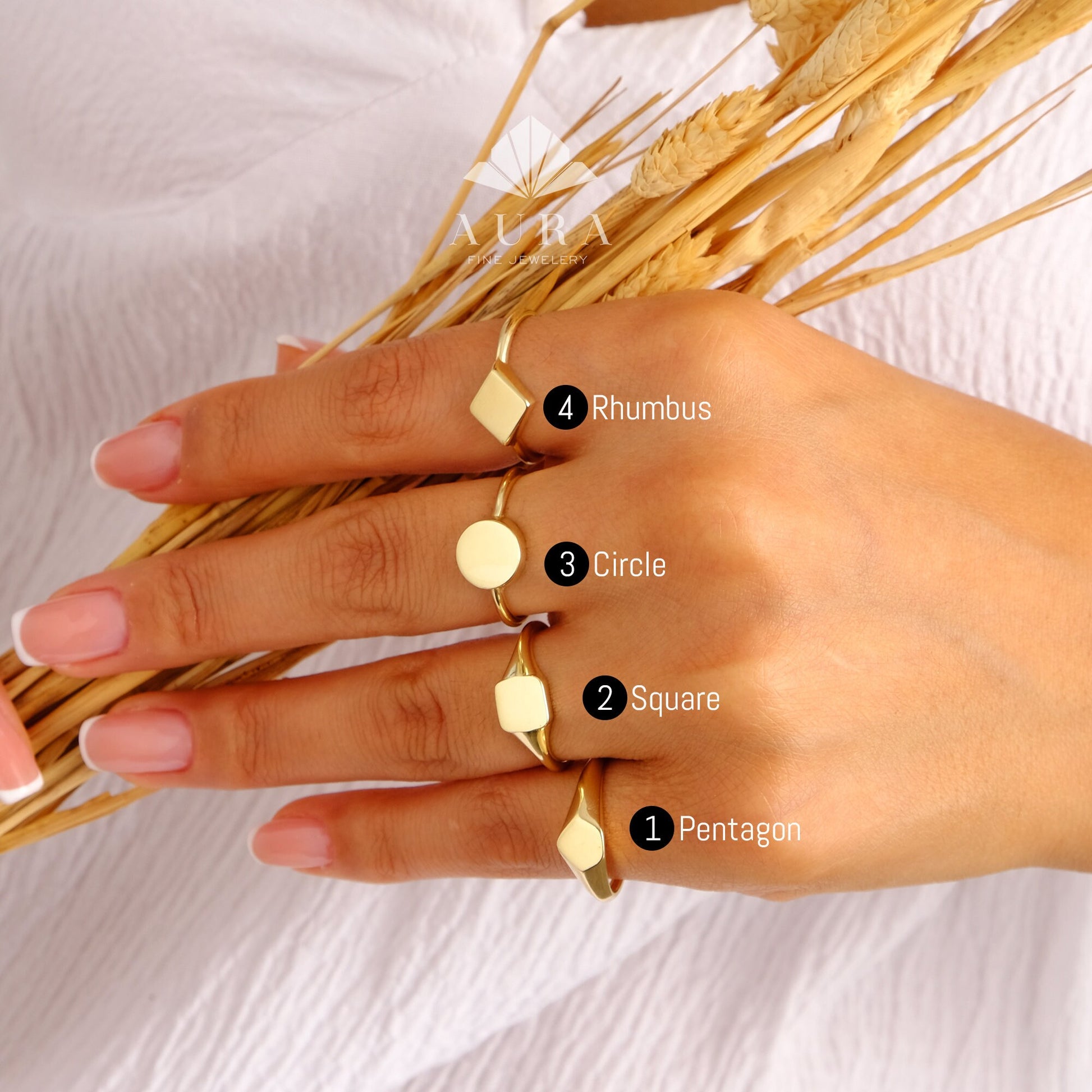 14K Gold Personalized Signet Ring, Custom Monogram Band, Initial Engraved Ring, Gold Pinky Ring, Round Rhombus Pentagon Square Signet Ring