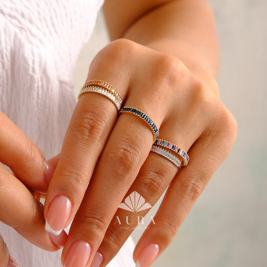 14K Gold Baguette Half Eternity Ring, Thin CZ Diamond Wedding Ring, Gold Statement Ring, Engagement Band, Stacking Promise Ring