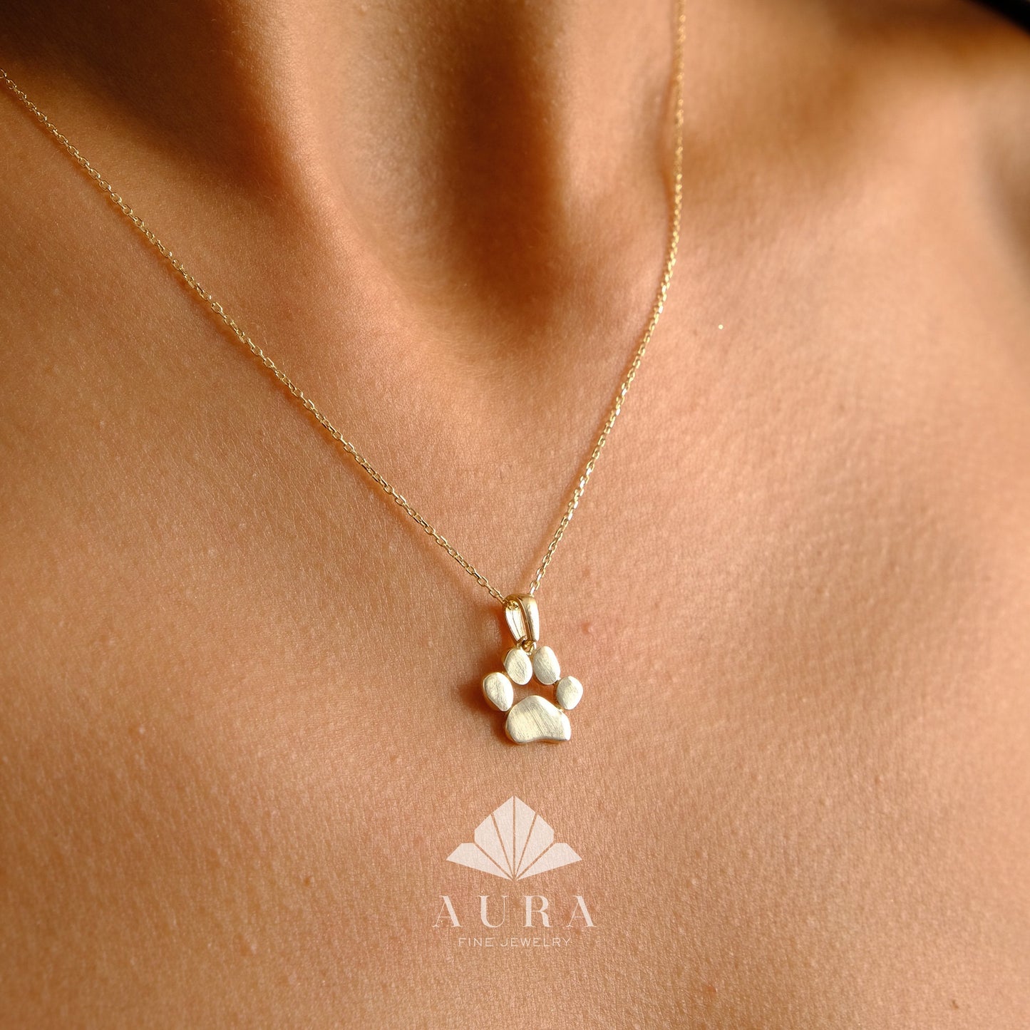 14K Gold Paw Print Necklace, Dog Paw Pendant Necklace, Engraved Pet Paw Print Charm, Pet Memorial Necklace, Personalized Paw, Gift