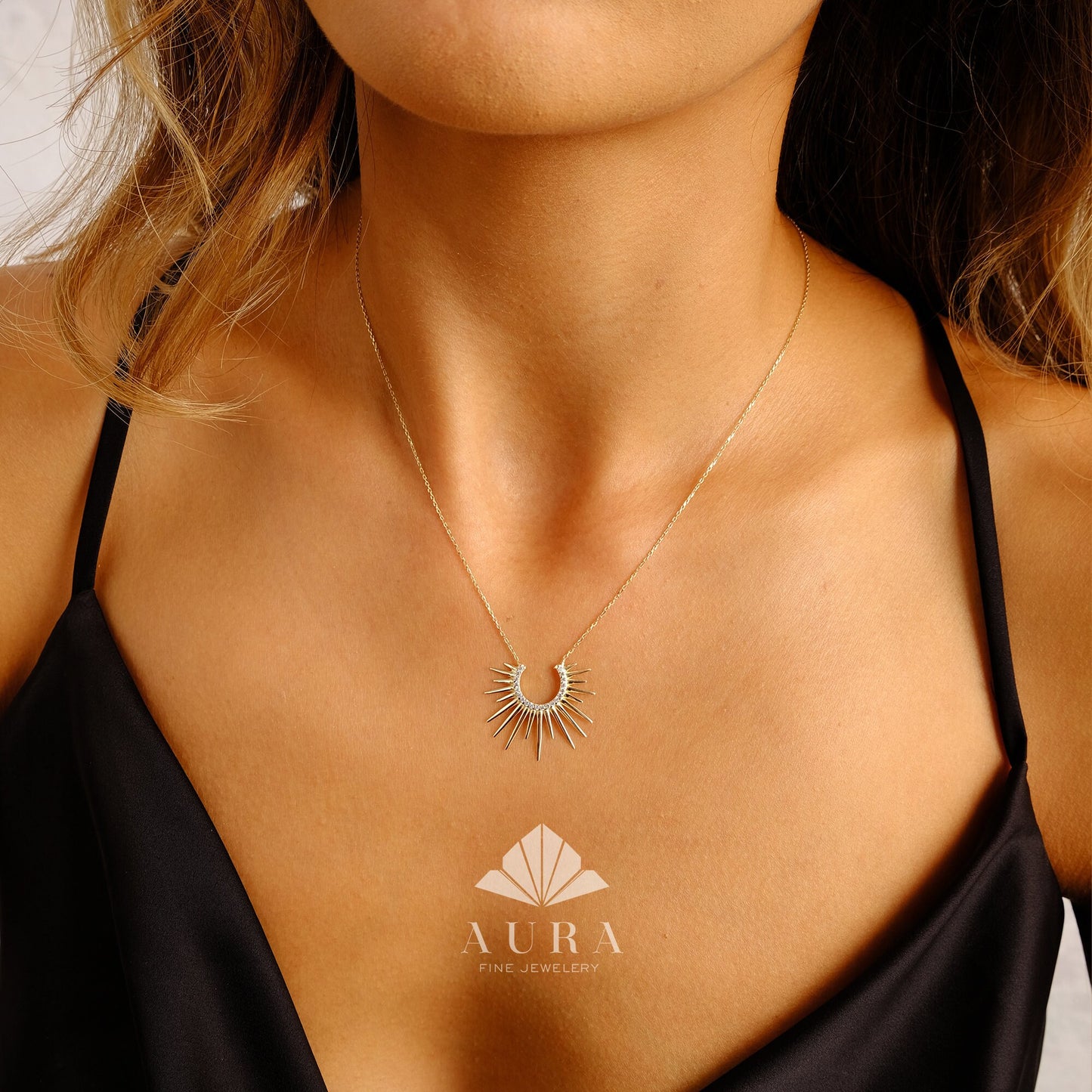 14K Gold Sunburst Necklace, Spikey Gold Sun Pendant, Crescent Necklace, Semicircle Dainty Charm, Celestial Layering Choker, Gift For Her