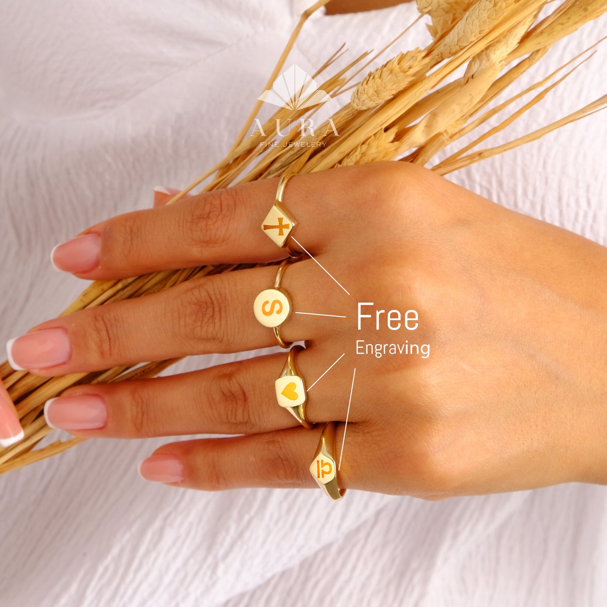 14K Gold Personalized Signet Ring, Custom Monogram Band, Initial Engraved Ring, Gold Pinky Ring, Round Rhombus Pentagon Square Signet Ring