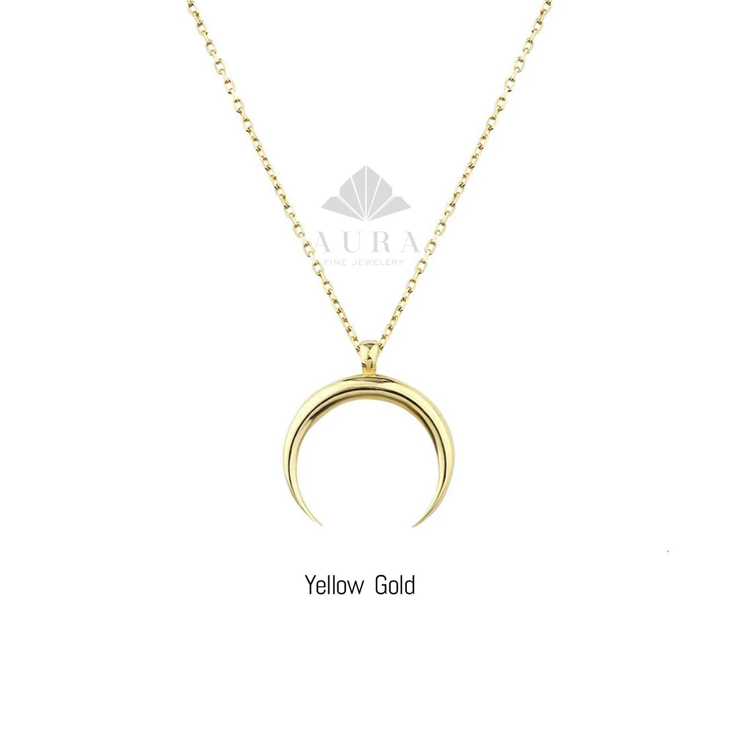 14K Gold Crescent Moon Necklace, Gold Horn Charm Pendant, Dainty Gold Necklace, Moon Charm Necklace, Double Horn Necklace, Gift for Her