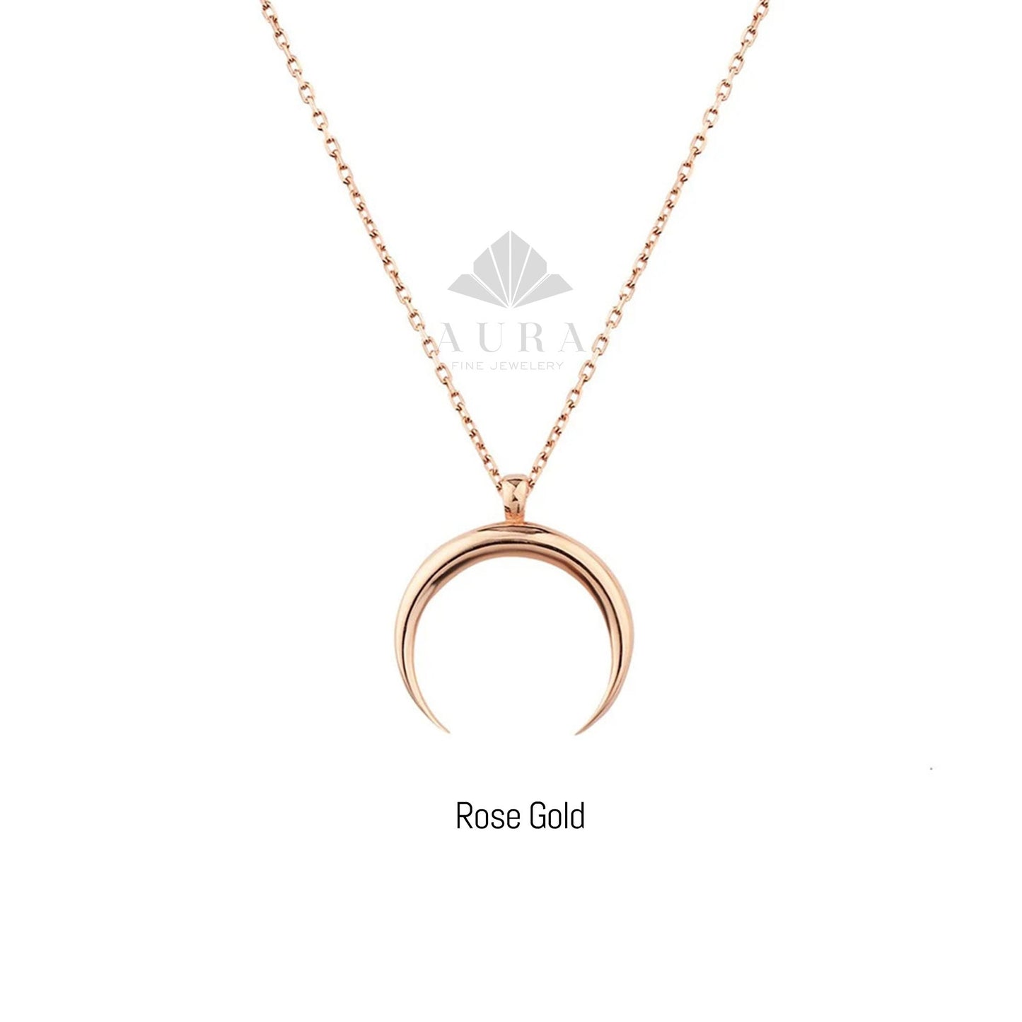 14K Gold Crescent Moon Necklace, Gold Horn Charm Pendant, Dainty Gold Necklace, Moon Charm Necklace, Double Horn Necklace, Gift for Her