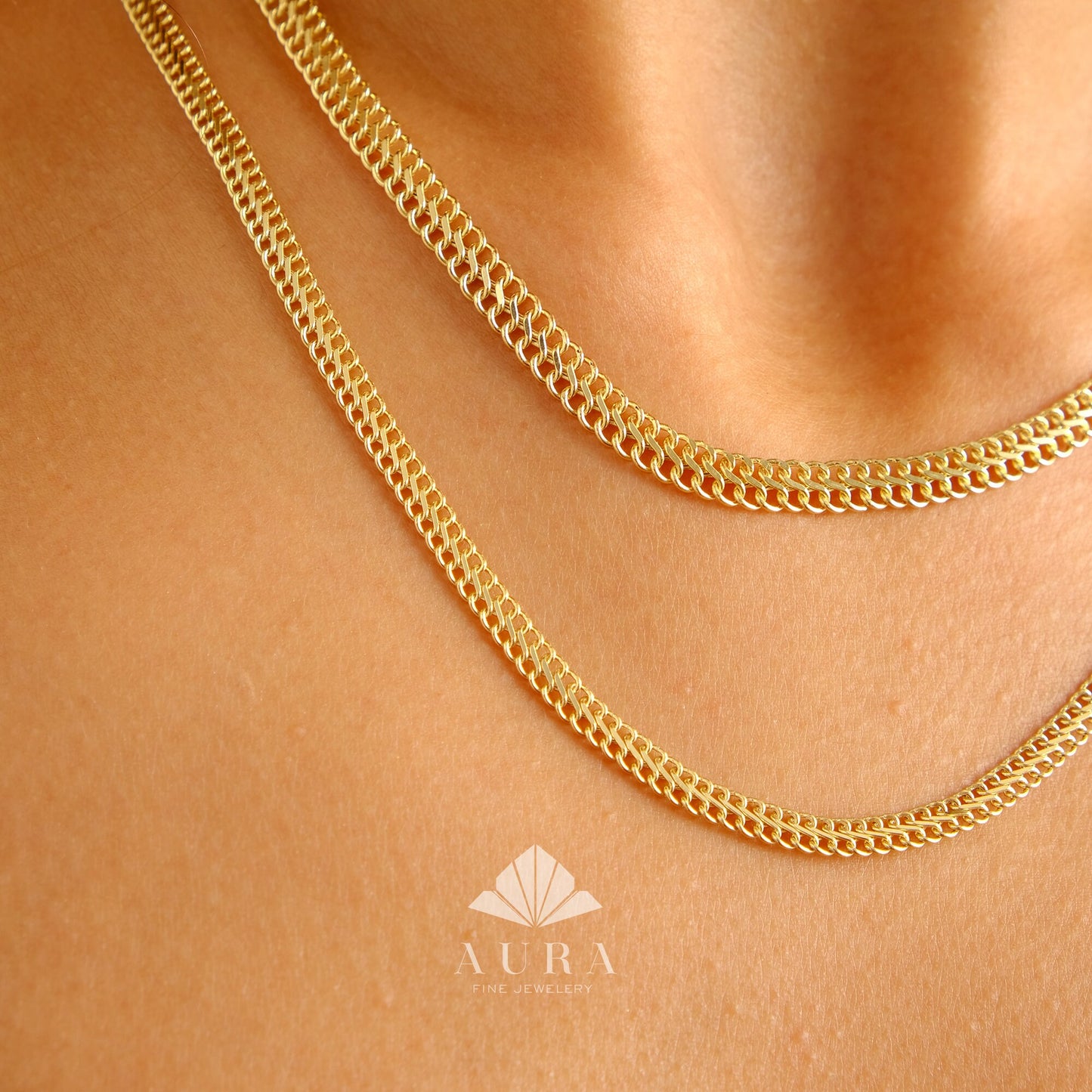 14K Gold Vienna Necklace, 4.8mm 3.7 mm Double Curb Chain Necklace, Armoured Chain Choker, Handmade Jewelry, Layering Gold Necklace