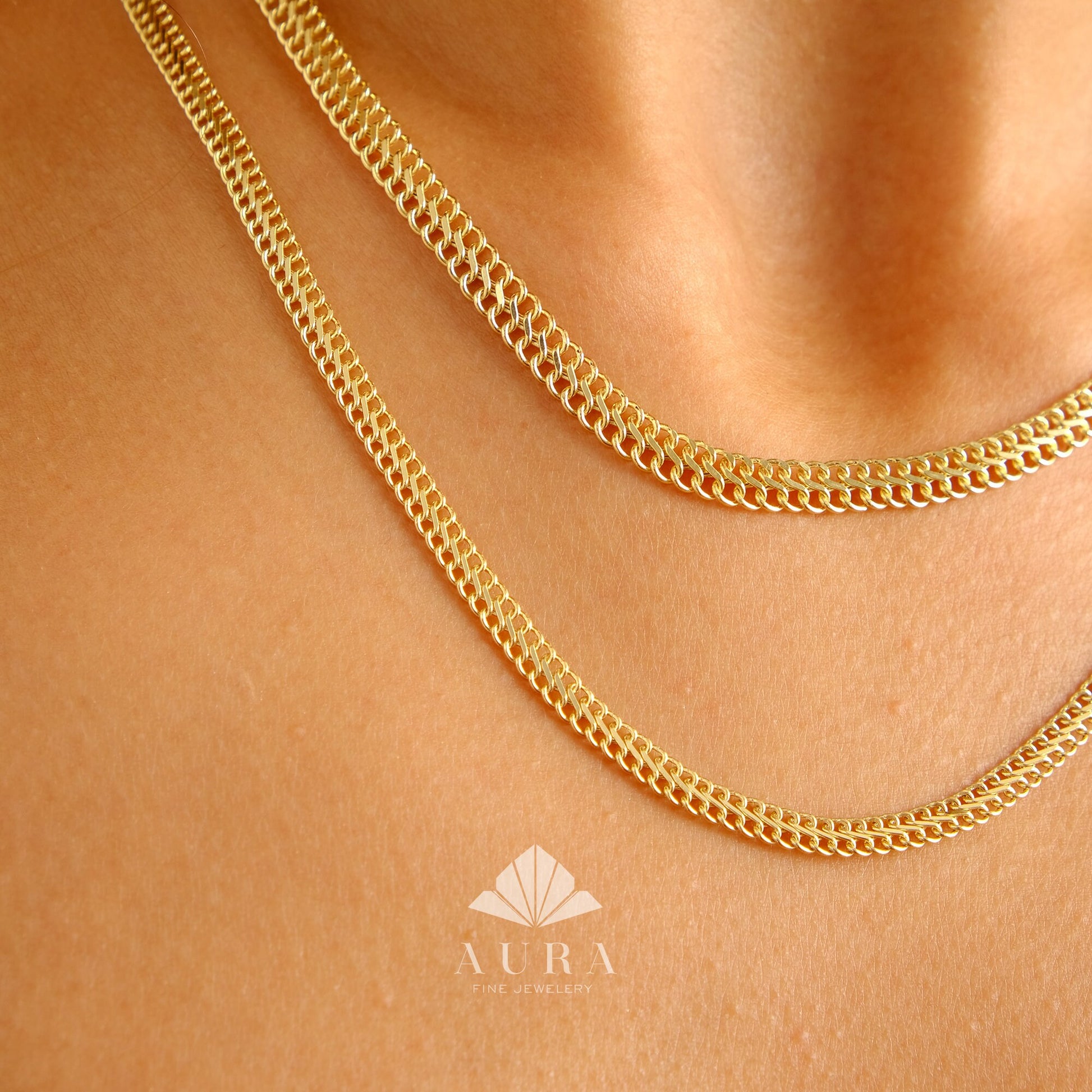 14K Gold Vienna Necklace, 4.8mm 3.7 mm Double Curb Chain Necklace, Armoured Chain Choker, Handmade Jewelry, Layering Gold Necklace