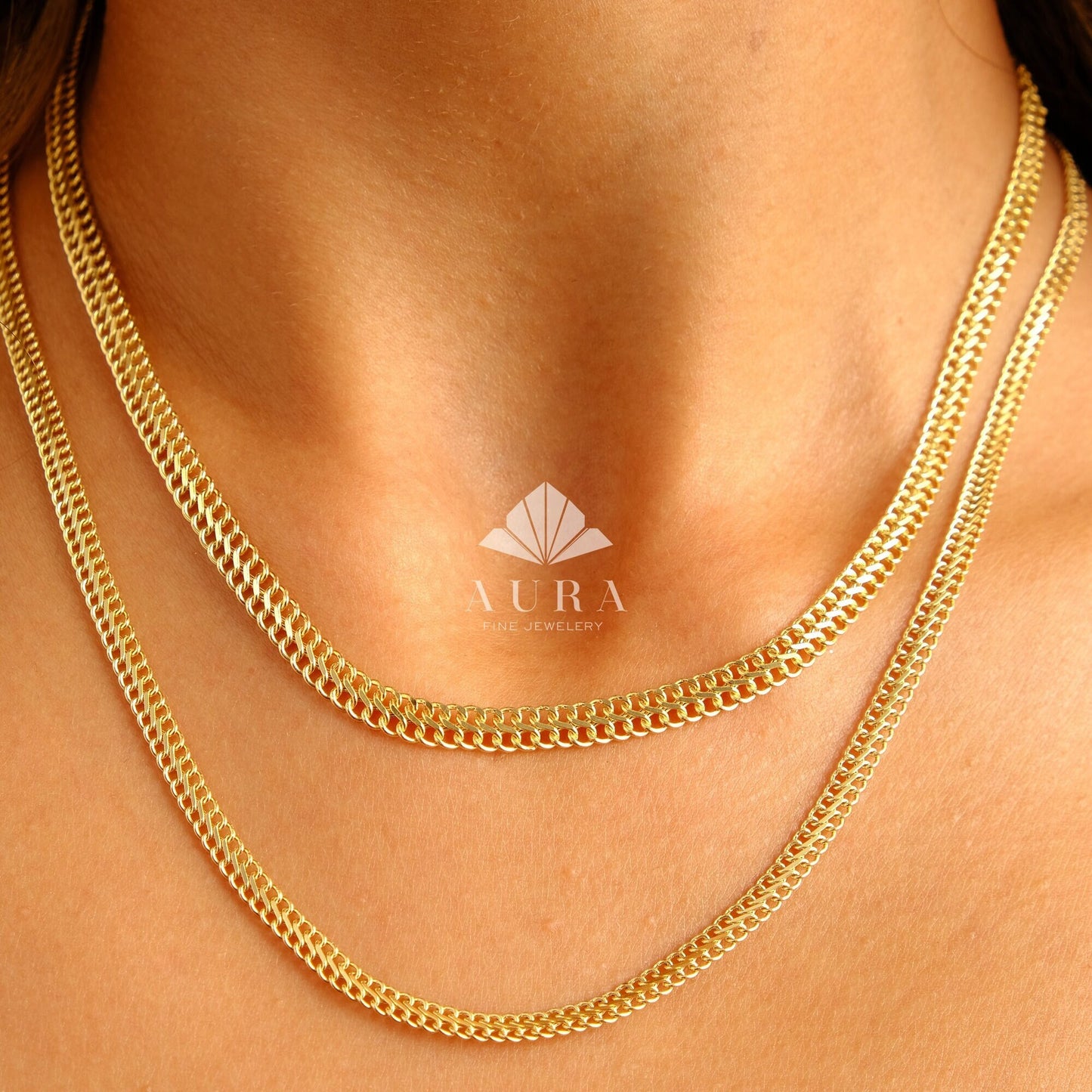 14K Gold Vienna Necklace, 4.8mm 3.7 mm Double Curb Chain Necklace, Armoured Chain Choker, Handmade Jewelry, Layering Gold Necklace