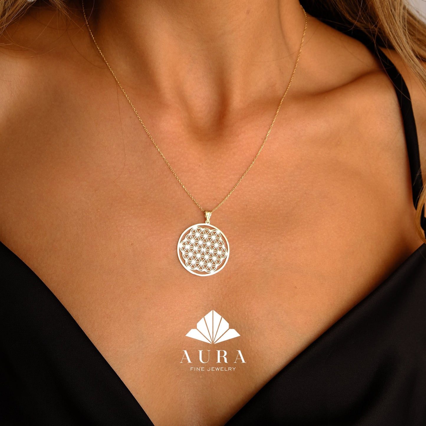14K Gold Flower Of Life Necklace, Seed of Life Necklace, Handmade Necklace, Flower Of Life Pendant, Geometry Medallion, Anniversary Gift