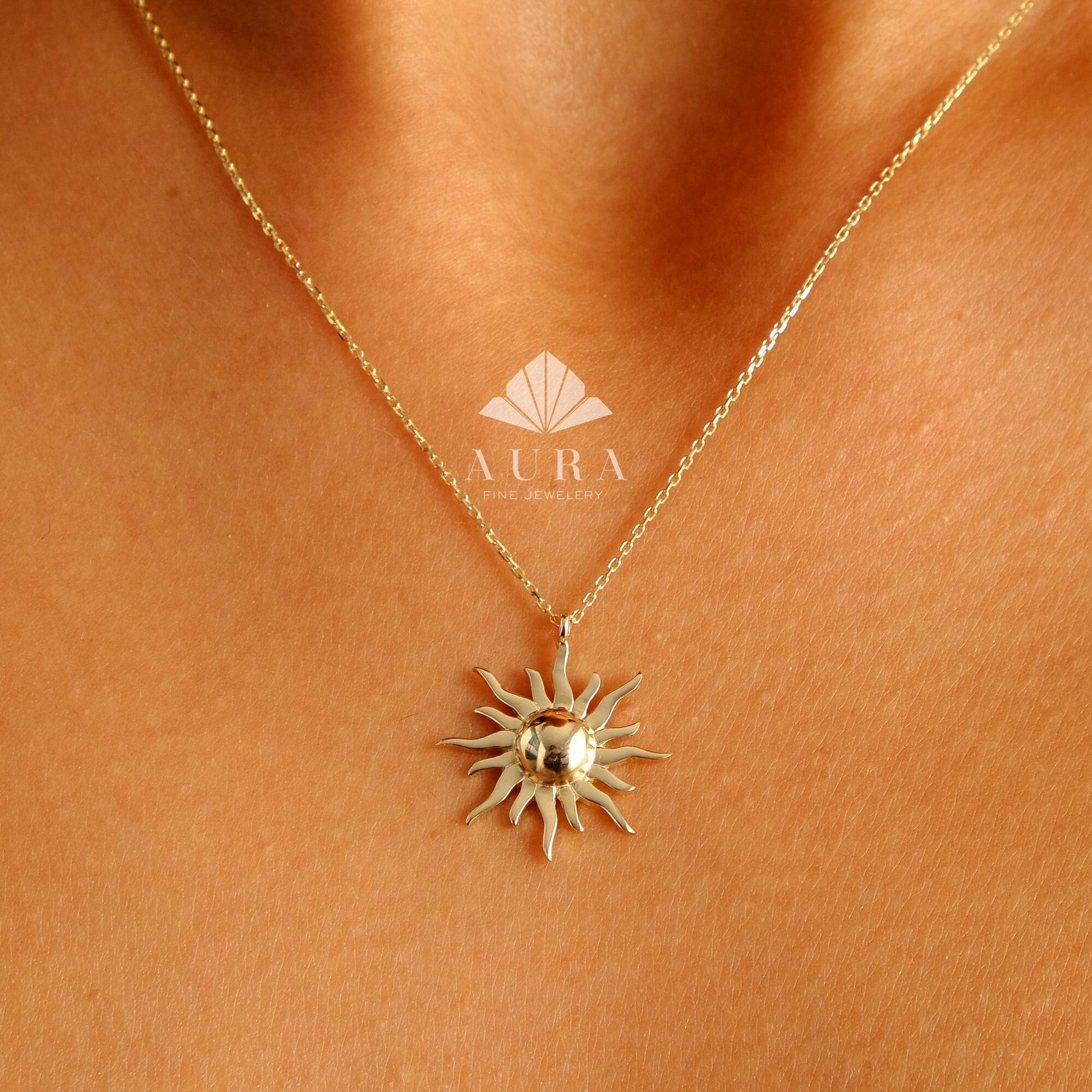 14K Gold Sun Necklace, Solar Celestial Star Sun Necklace, Sunshine Necklace, Glowing Necklace, Sun Charm Delicate Necklace, Anniversary