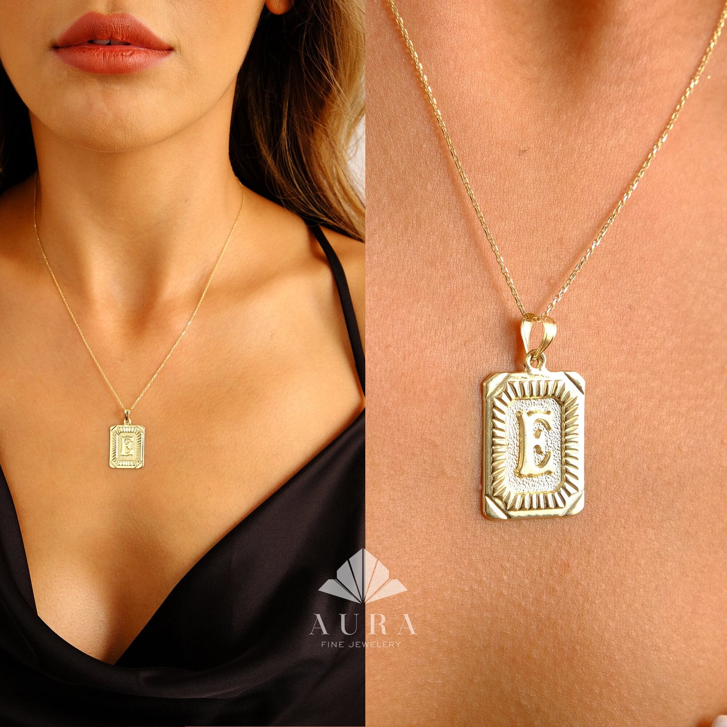 14K Gold Initial Necklace, Rectangle Letter Pendants, Retro Initial Necklace, Personalized Letter, Custom Gift for Her