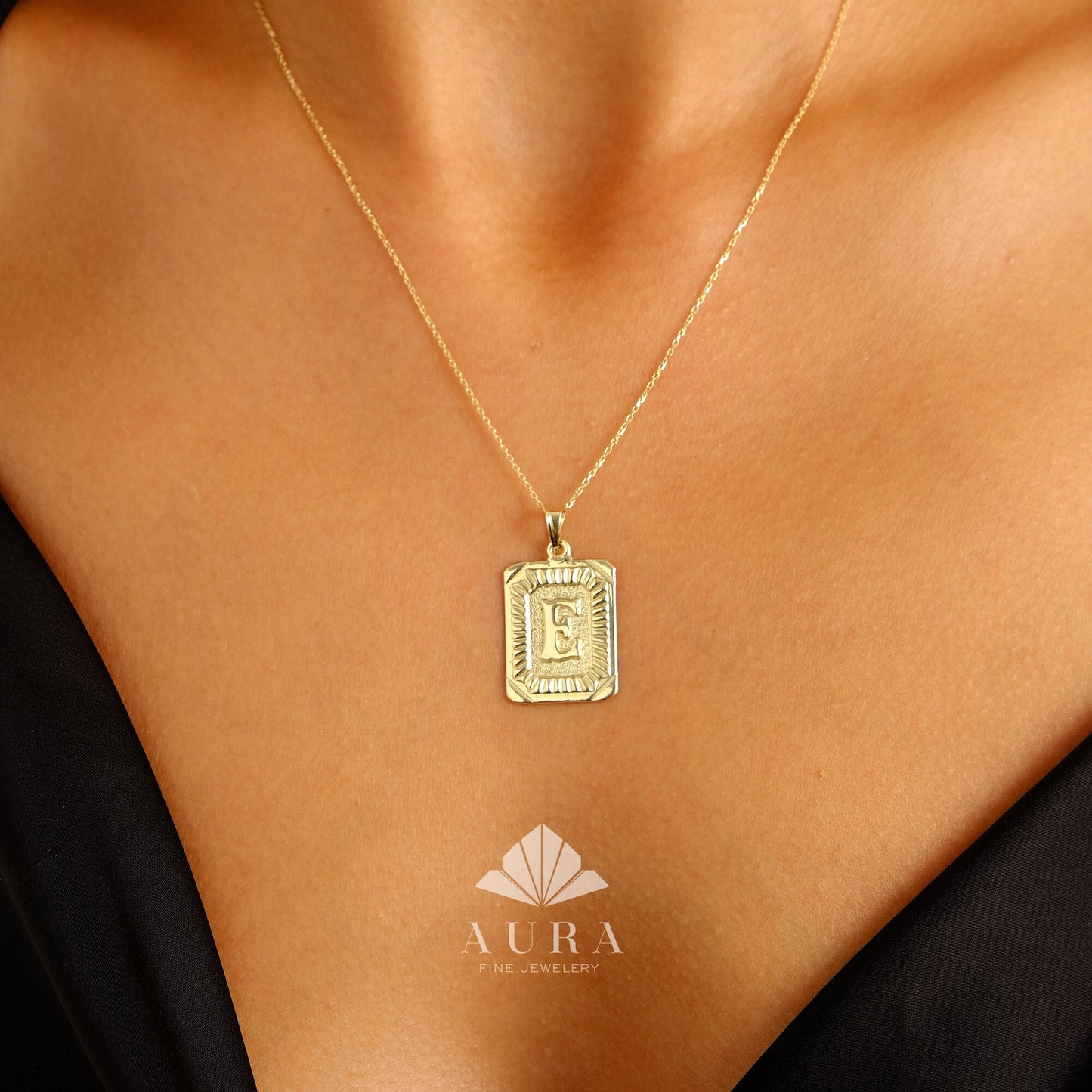 14K Gold Initial Necklace, Rectangle Letter Pendants, Retro Initial Necklace, Personalized Letter, Custom Gift for Her