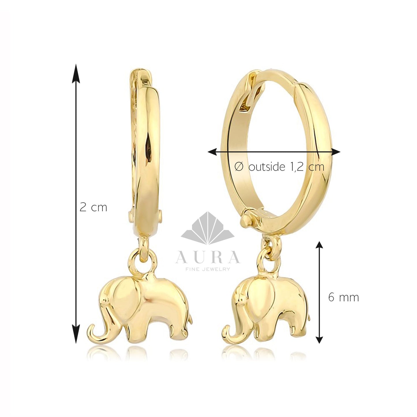 14K Gold Elephant Earrings, Elephant Dangle Earrings, Gold Drop Earrings, Hoop Earrings, Statement Cute Earrings, Minimalist Earrings