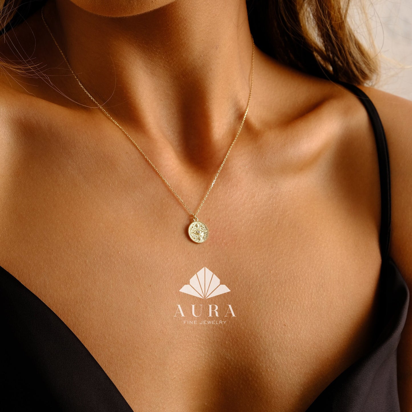 14K Gold Evil Eye Necklace, Medallion Third Eye Necklace, CZ Diamond Coin Pendant Necklace, Protection Charm, Minimalist Eye Necklace Women