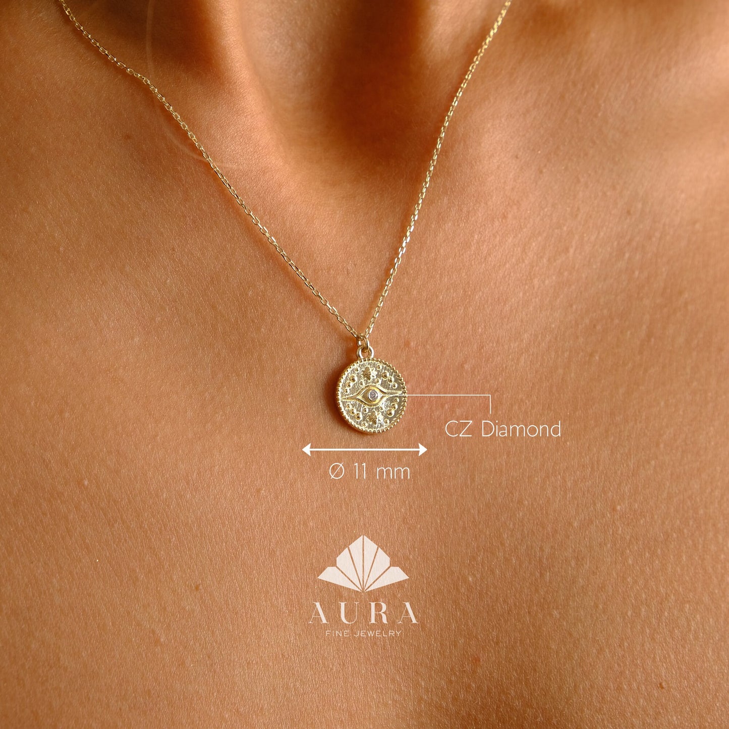 14K Gold Evil Eye Necklace, Medallion Third Eye Necklace, CZ Diamond Coin Pendant Necklace, Protection Charm, Minimalist Eye Necklace Women