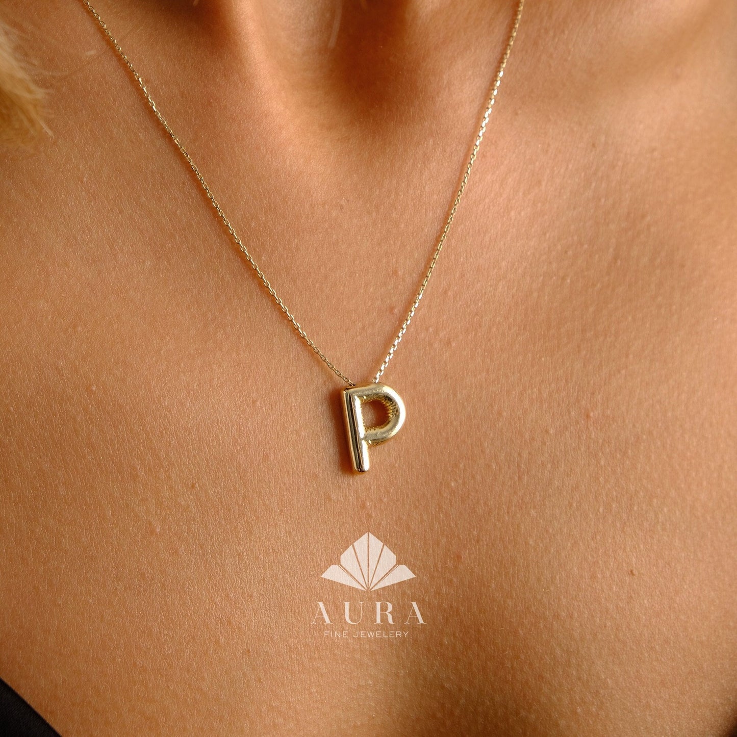 14K Gold Balloon Initial Necklace, Puff Letter Pendant, Balloon Letter Necklace, Tiny Letter Charm, Personalized Name Necklace, Gift For Her