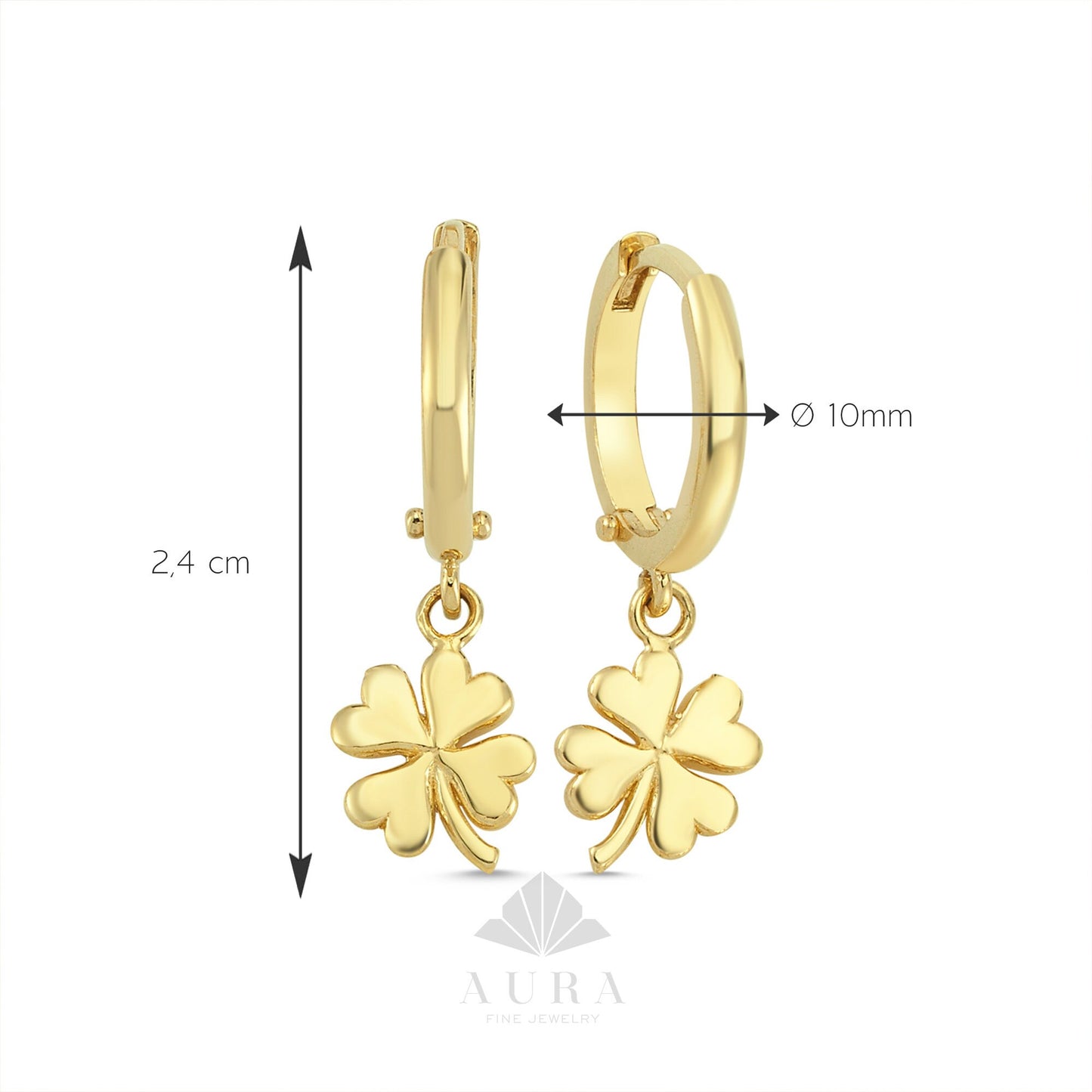 14K Gold Clover Earrings, Four Leaf Clover Dangle Hoops, Shamrock Hoop Huggies, Good Luck Earrings, Clover Charm, Bridesmaid Jewelry