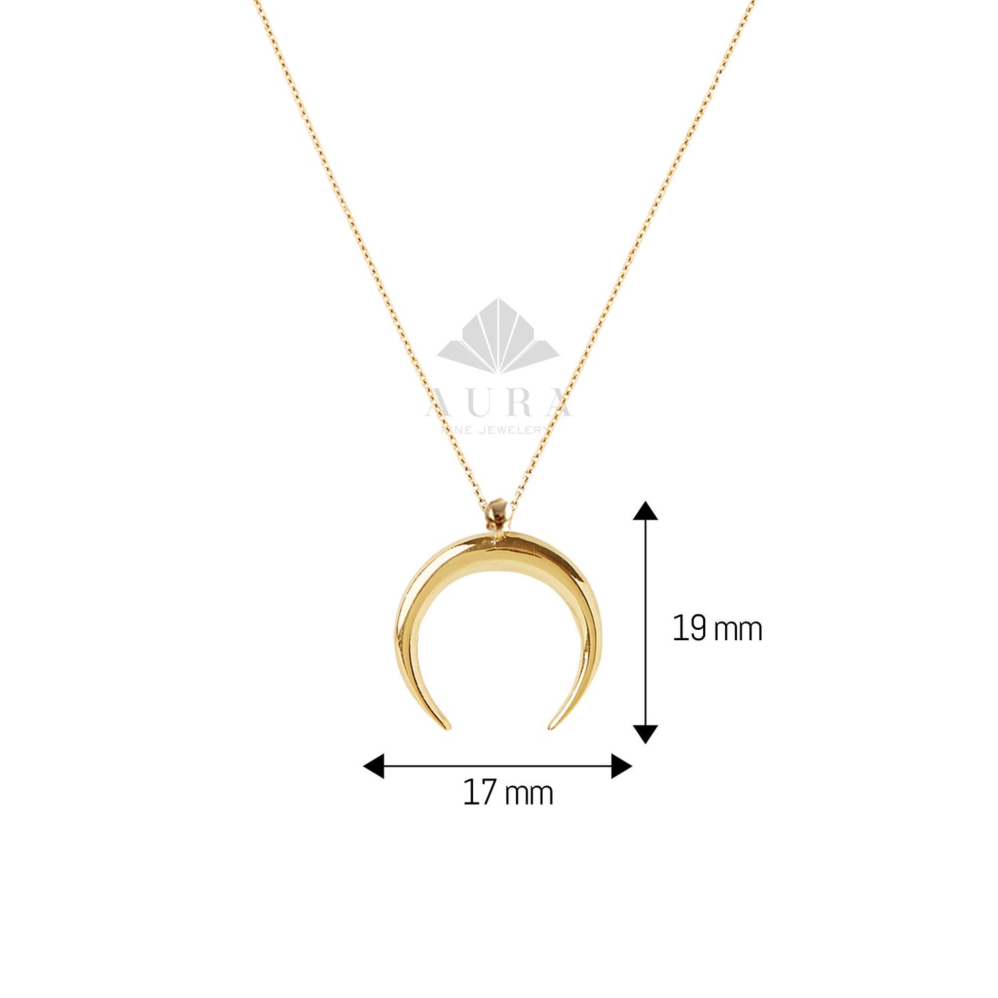 14K Gold Crescent Moon Necklace, Gold Horn Charm Pendant, Dainty Gold Necklace, Moon Charm Necklace, Double Horn Necklace, Gift for Her