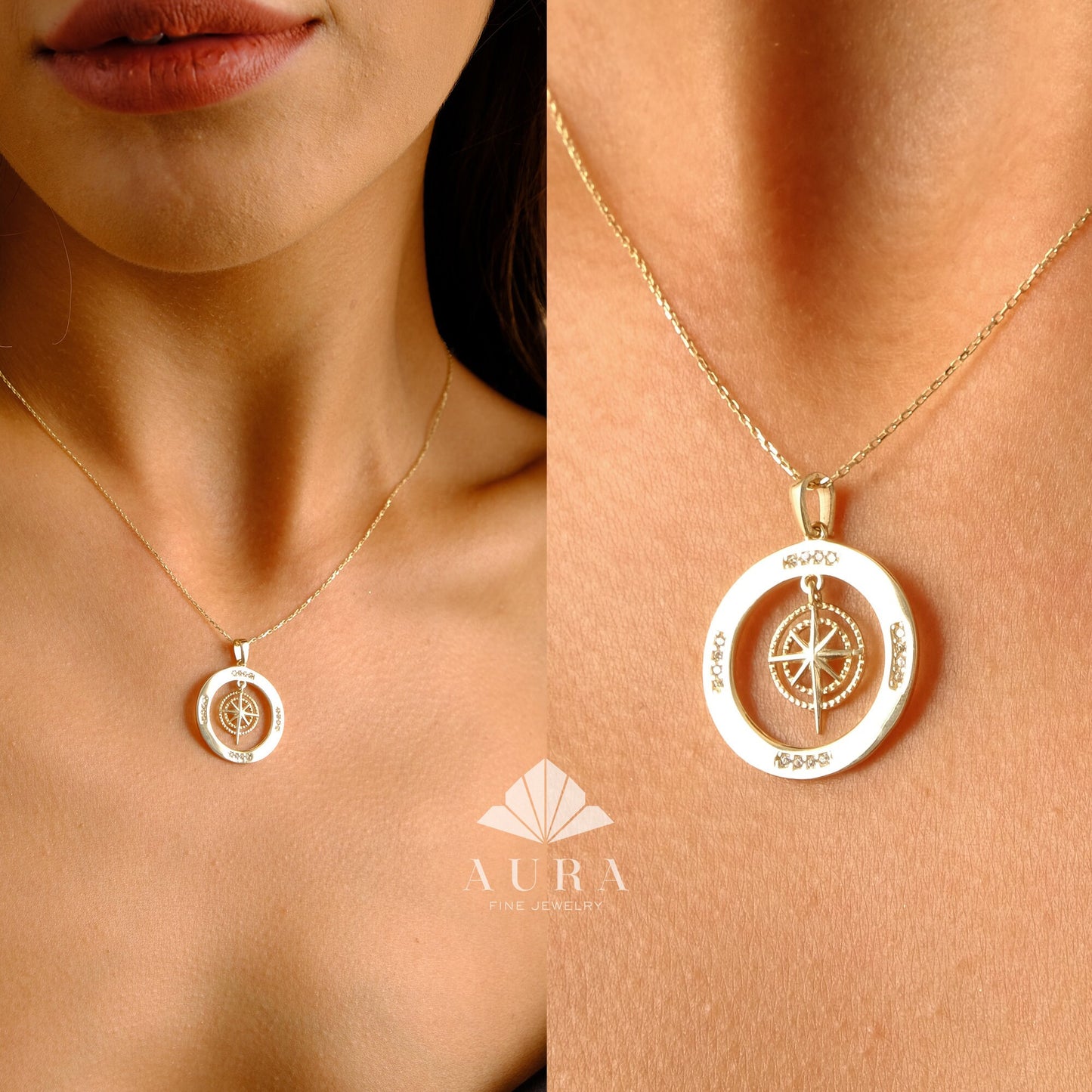 14K Gold Compass Necklace, CZ Diamond Polaris Necklace, Gold Traveler Necklace, Gold Disc Compass Jewelry, Navigation Compass Pendant