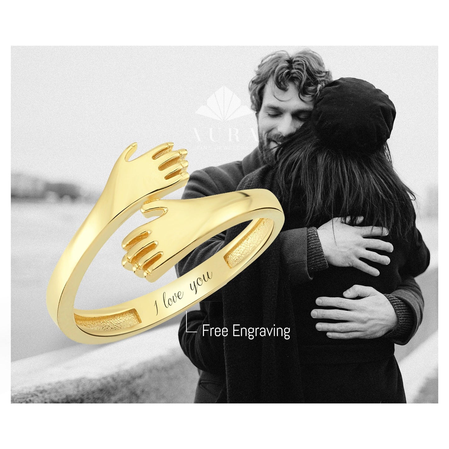 14K Gold Hug Ring, Hugging Hands Ring, Hug Gold Ring, Unique Love Dainty Hand Ring, Two Hand Gold Ring, Simple Handmade Ring, Gift For Her