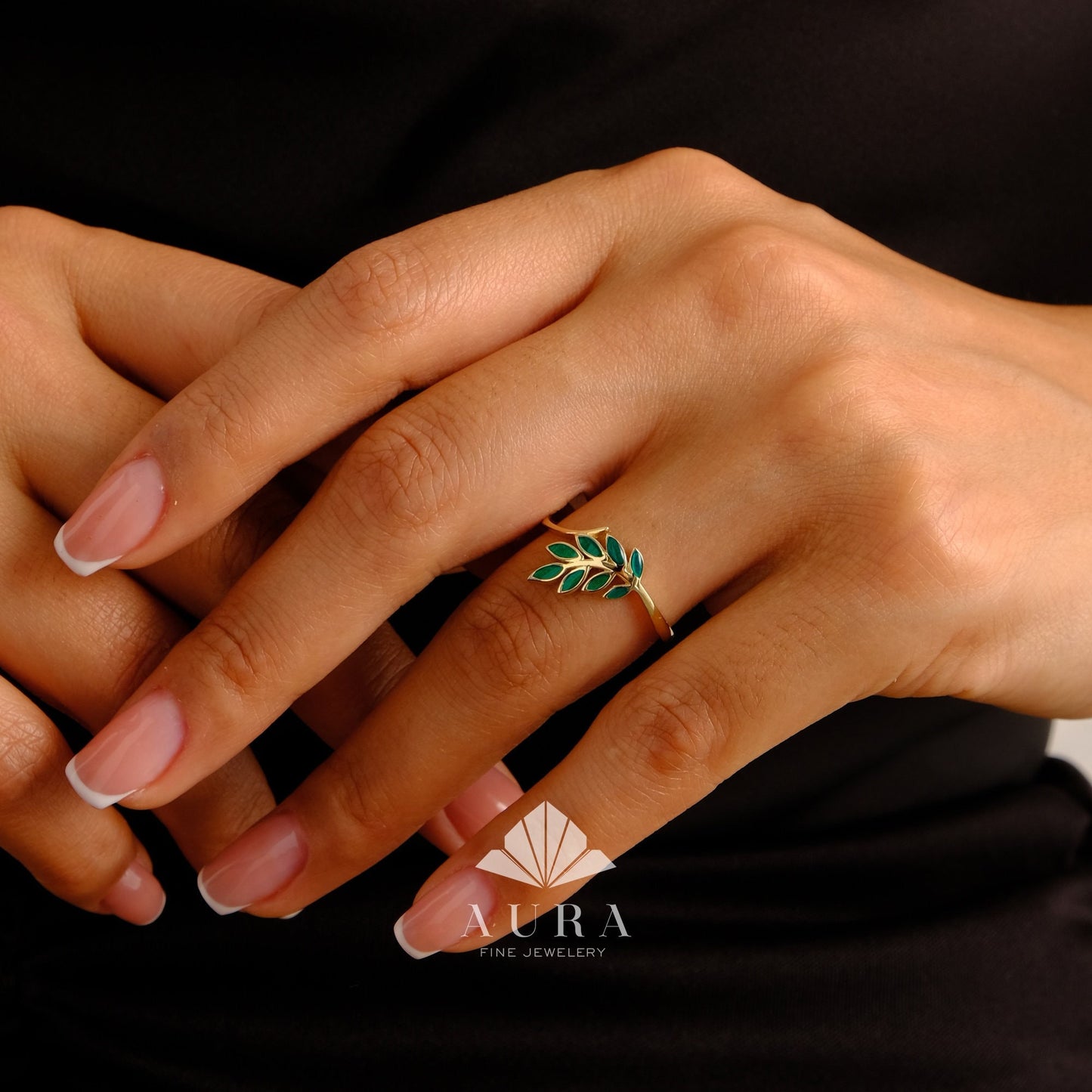 14K Gold Leaf Ring, Olive Leaf Ring, Marquise Green Vine Ring, Botanical Ring, Eternity Wedding Band, Unique Floral Engagement Curve Ring