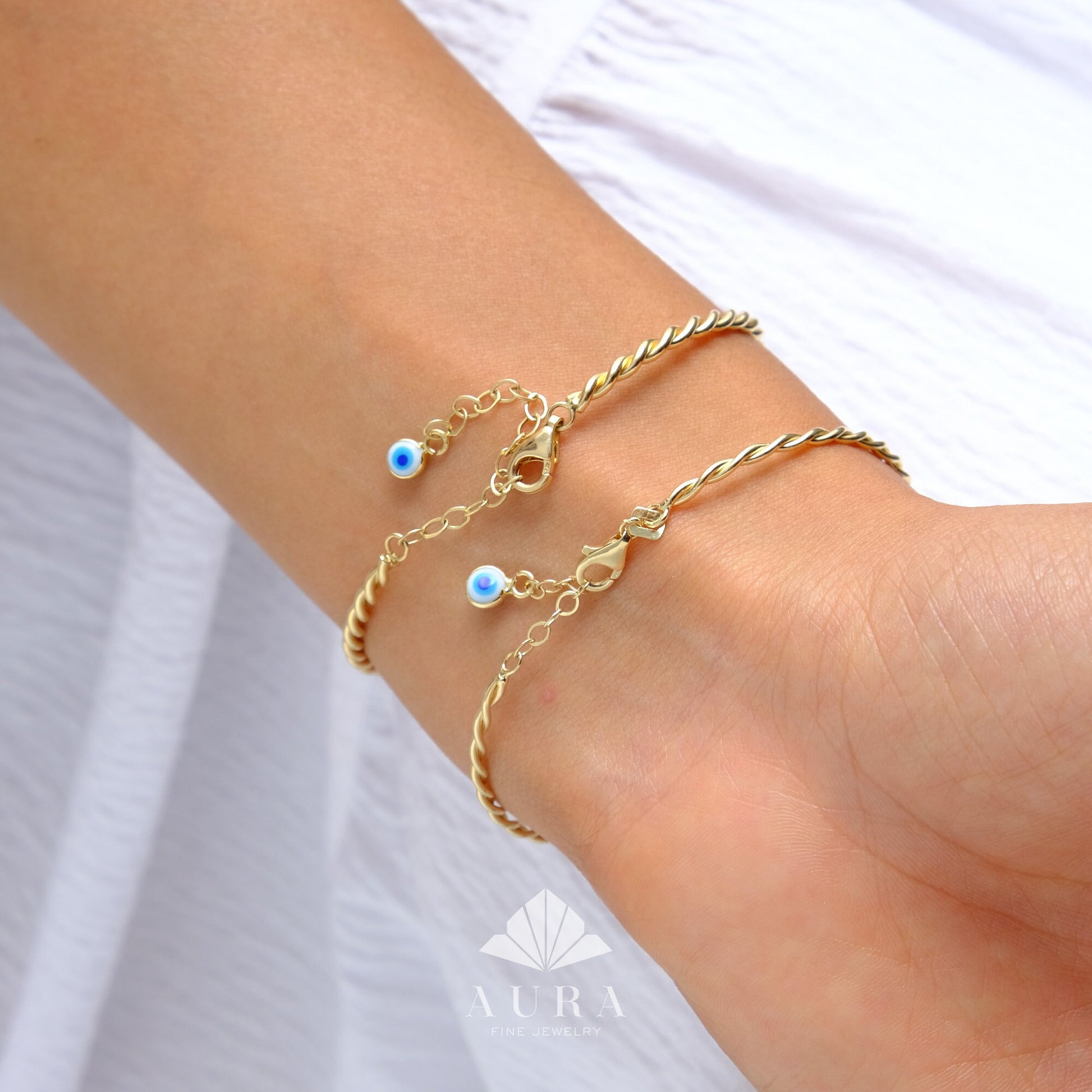 14K Gold Bangle Bracelet, Double Twisted Rope Stacking Bangle Bracelet, Evil Eye Charm, Gold Wire Twisted Bangle, Cable Bangle Bracelet