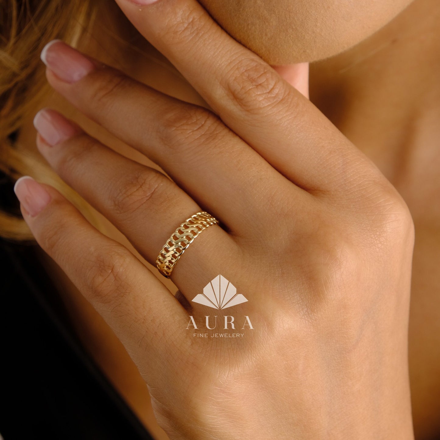 14K Gold Vienna Chain Ring, Double Curb Chain Ring, Armoured Chain Ring, Minimal Fine Jewelry, Dainty Gold Stacking Ring, Gift For Her