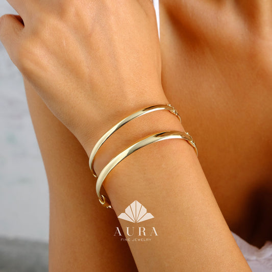 14K Gold Hinged Classic Gold Bangle Bracelet, 4mm 5mm Gold Dome Bangle, Wide Custom Bracelet, Personalized Cuff, Stacking Engraved Bangle