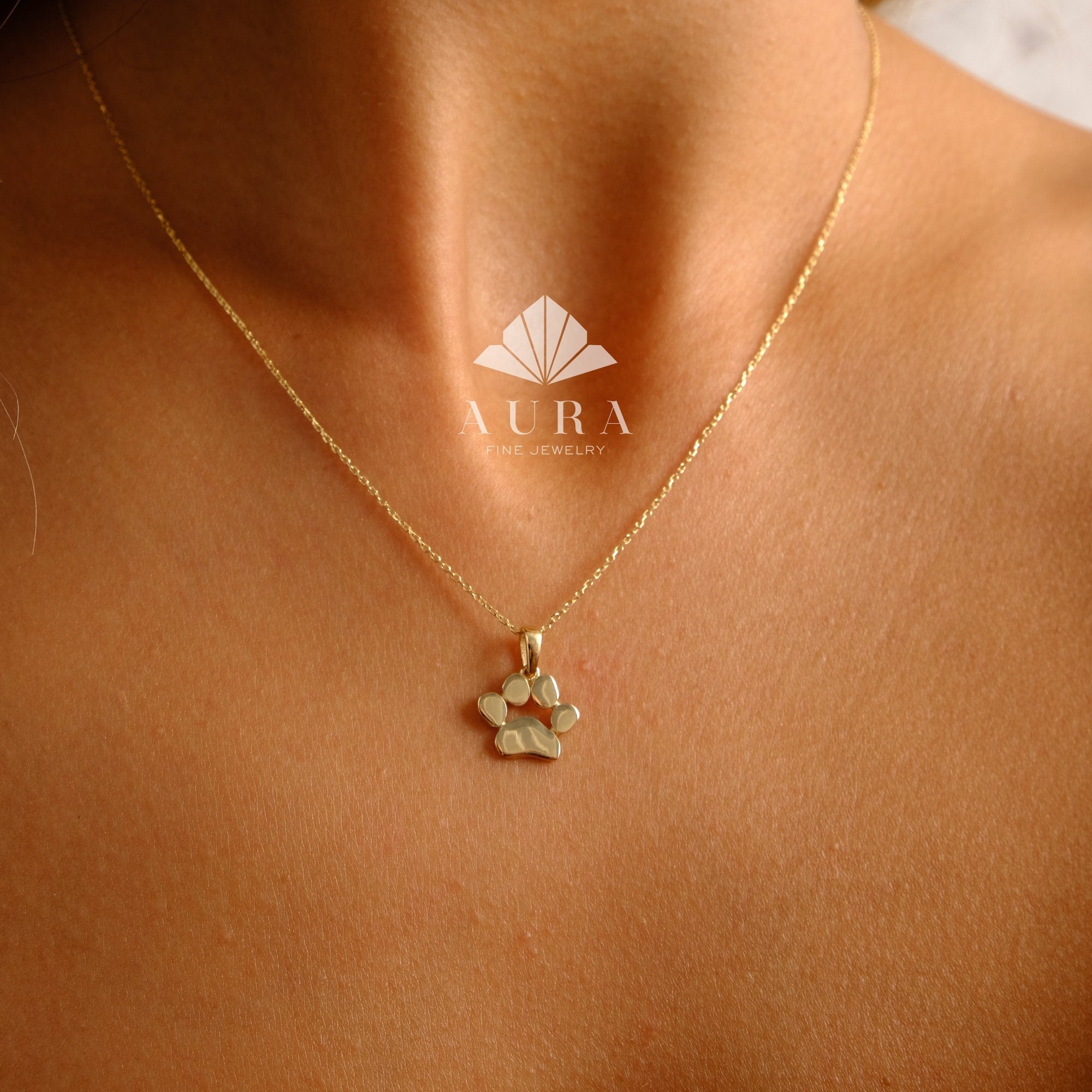 14K Gold Paw Print Necklace, Dog Paw Pendant Necklace