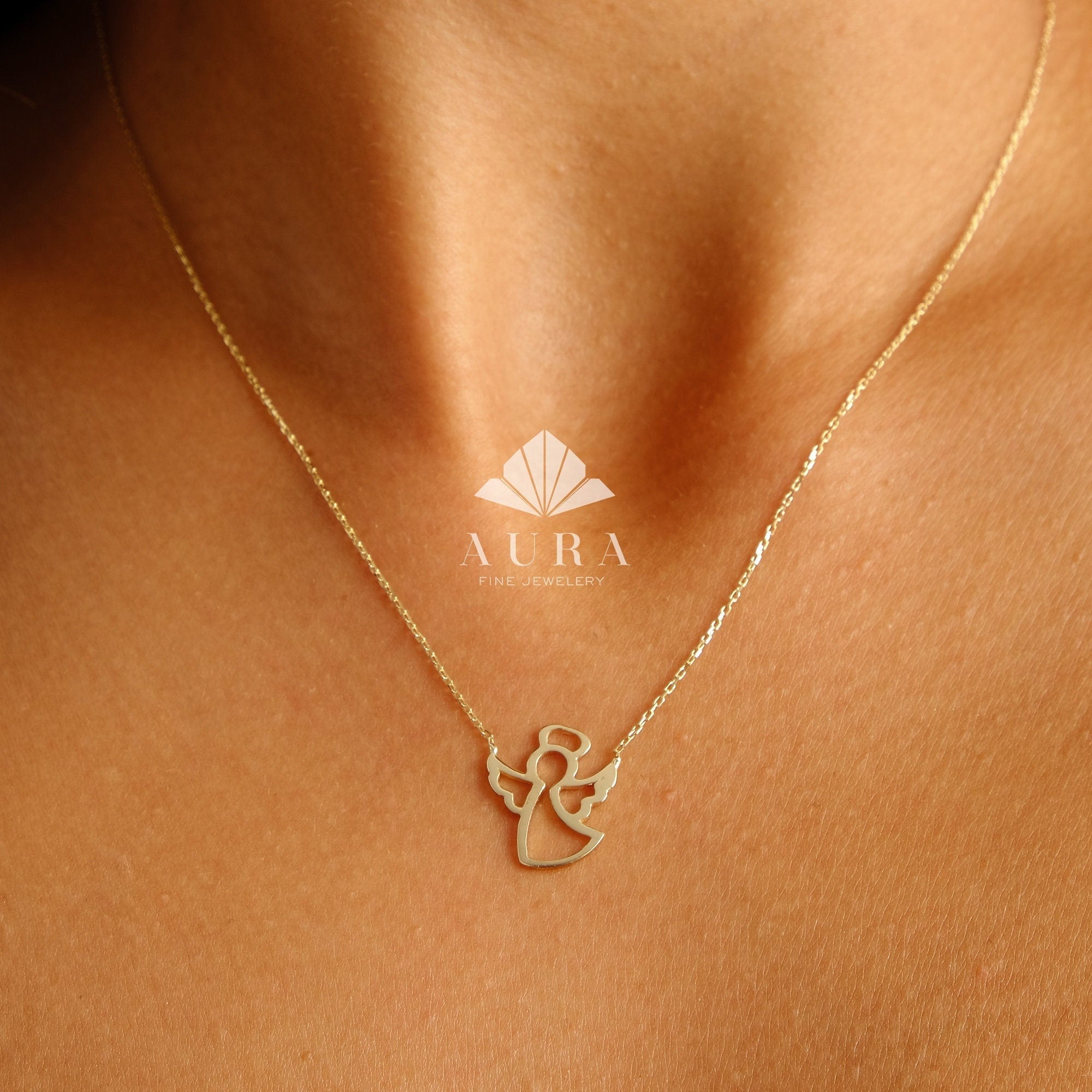 14K Gold Angel Necklace, Guardian Angel Pendant